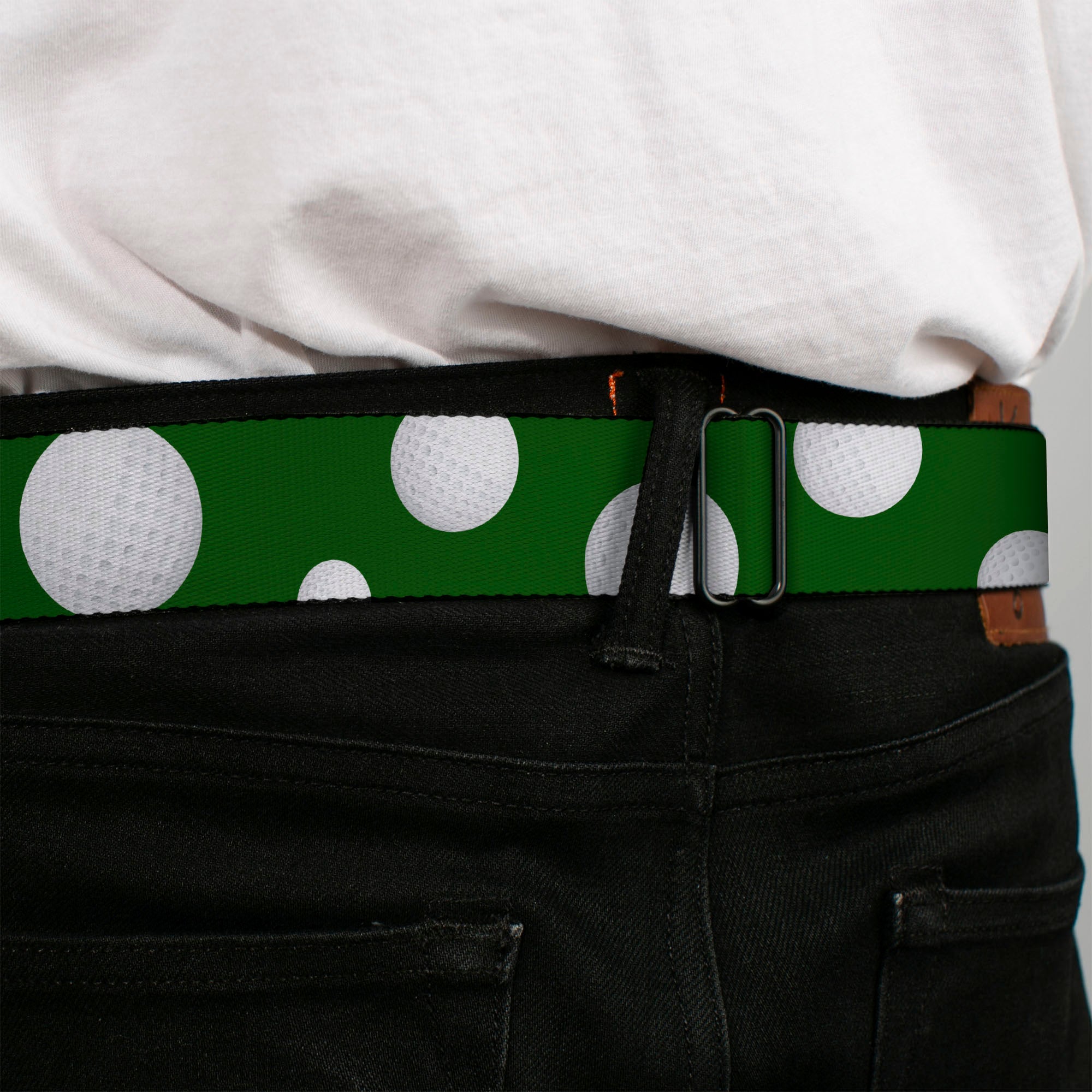 BD Wings Logo CLOSE-UP Full Color Black Silver Seatbelt Belt - Golf Balls Scattered Green/White Webbing Seatbelt Belts Buckle-Down