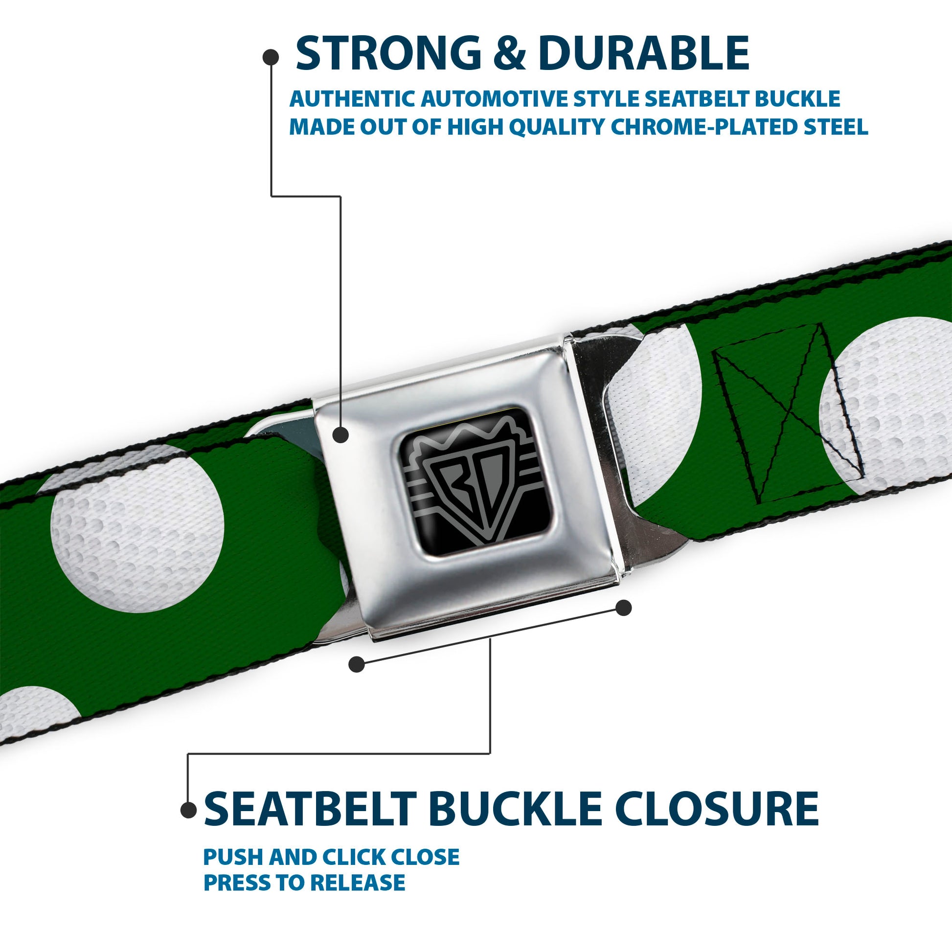 BD Wings Logo CLOSE-UP Full Color Black Silver Seatbelt Belt - Golf Balls Scattered Green/White Webbing Seatbelt Belts Buckle-Down