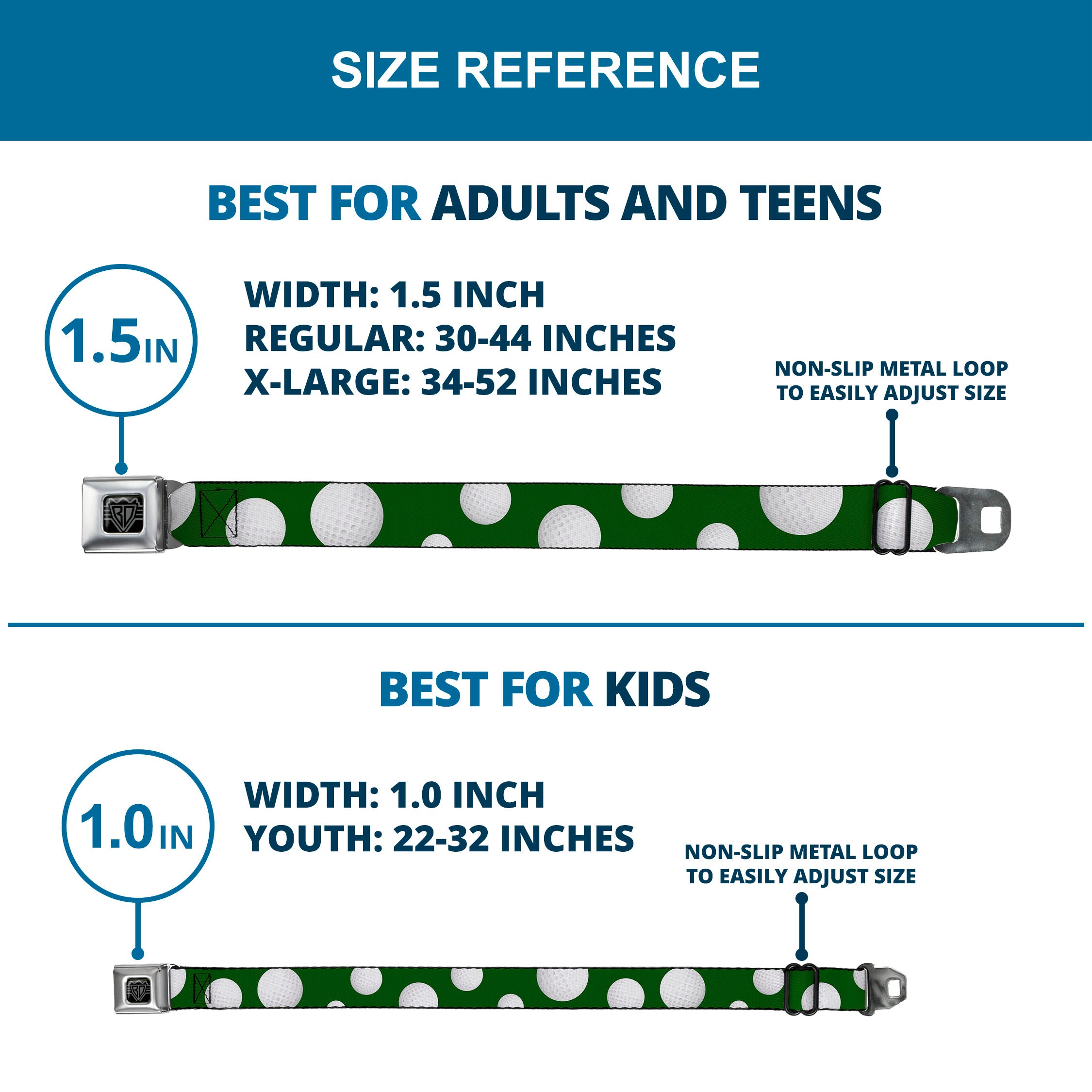 BD Wings Logo CLOSE-UP Full Color Black Silver Seatbelt Belt - Golf Balls Scattered Green/White Webbing Seatbelt Belts Buckle-Down