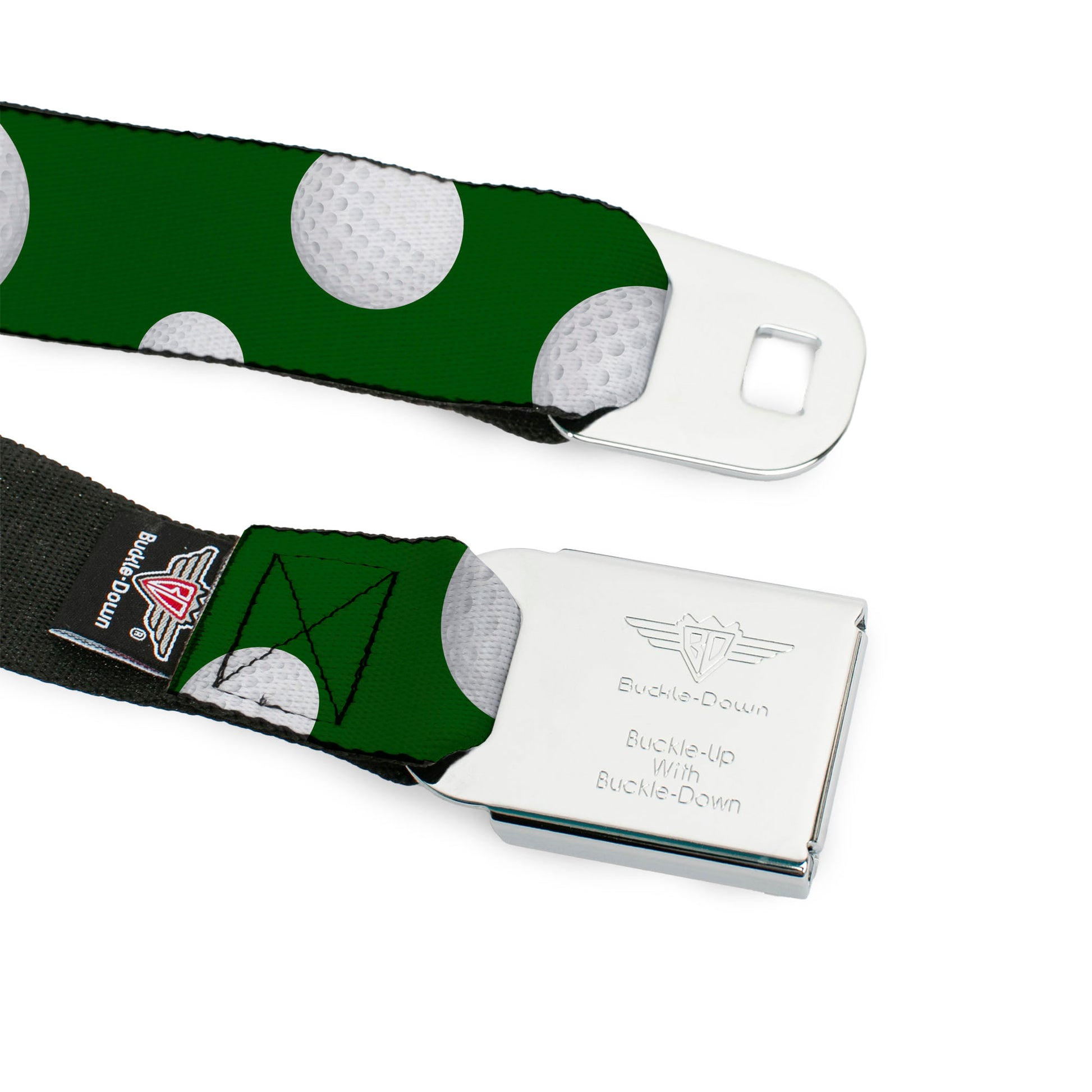 BD Wings Logo CLOSE-UP Full Color Black Silver Seatbelt Belt - Golf Balls Scattered Green/White Webbing Seatbelt Belts Buckle-Down