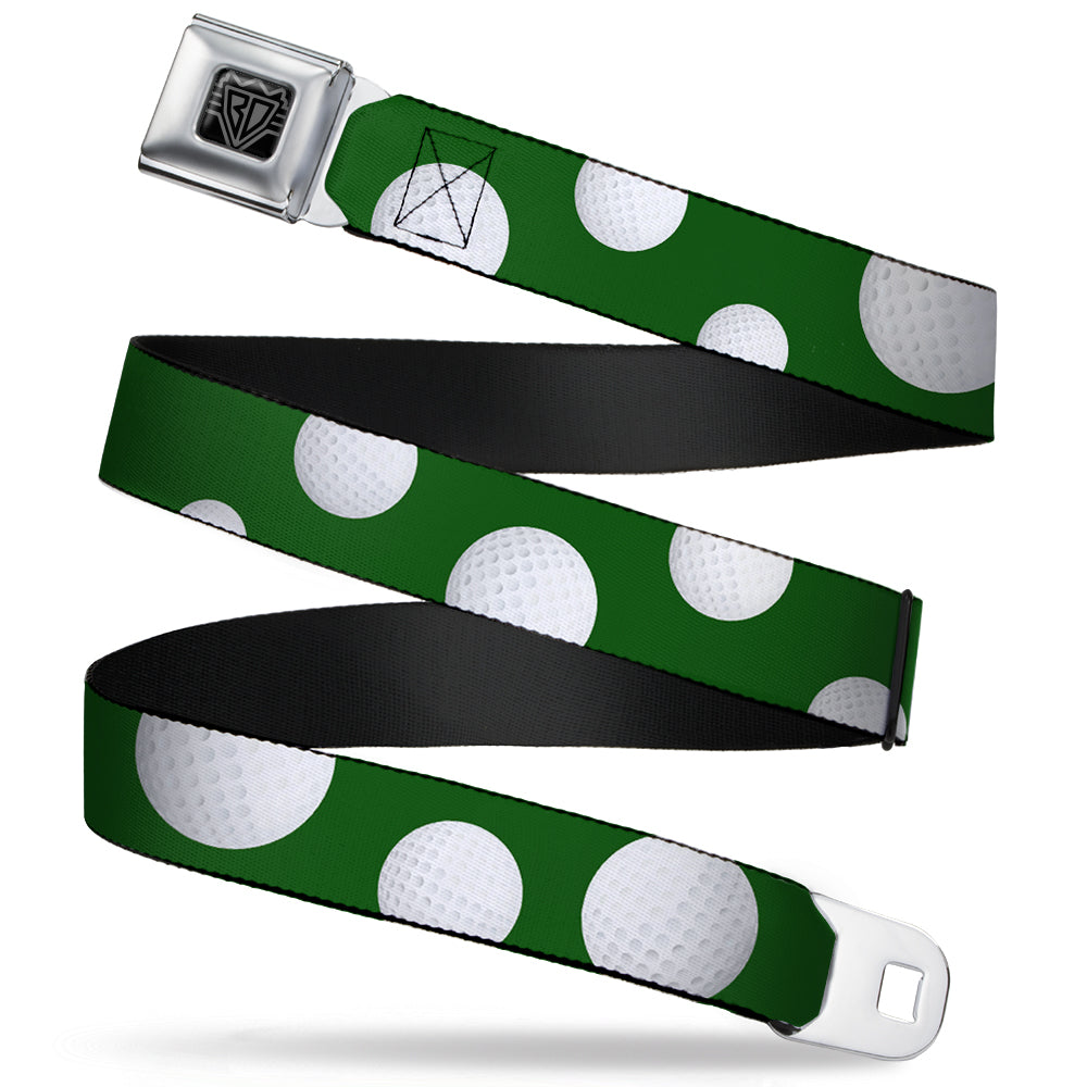 BD Wings Logo CLOSE-UP Full Color Black Silver Seatbelt Belt - Golf Balls Scattered Green/White Webbing Seatbelt Belts Buckle-Down