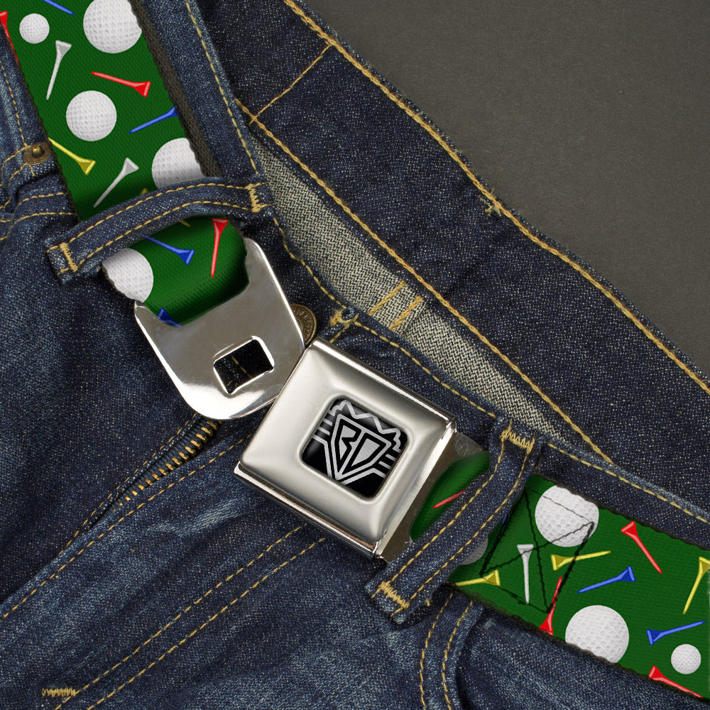 BD Wings Logo CLOSE-UP Full Color Black Silver Seatbelt Belt - Golf Balls/Tees Scattered Green/Multi Color Webbing Seatbelt Belts Buckle-Down