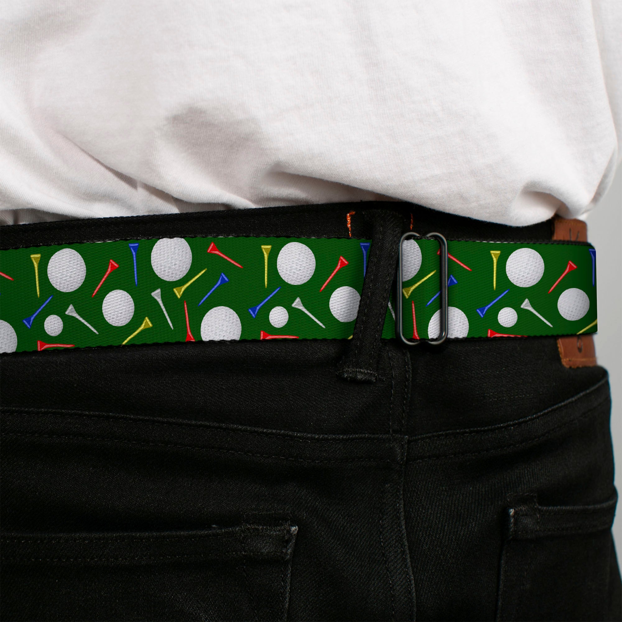 BD Wings Logo CLOSE-UP Full Color Black Silver Seatbelt Belt - Golf Balls/Tees Scattered Green/Multi Color Webbing Seatbelt Belts Buckle-Down