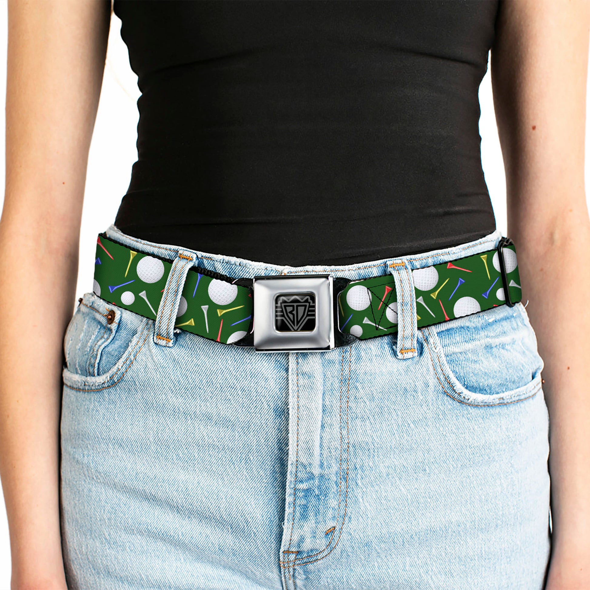 BD Wings Logo CLOSE-UP Full Color Black Silver Seatbelt Belt - Golf Balls/Tees Scattered Green/Multi Color Webbing Seatbelt Belts Buckle-Down
