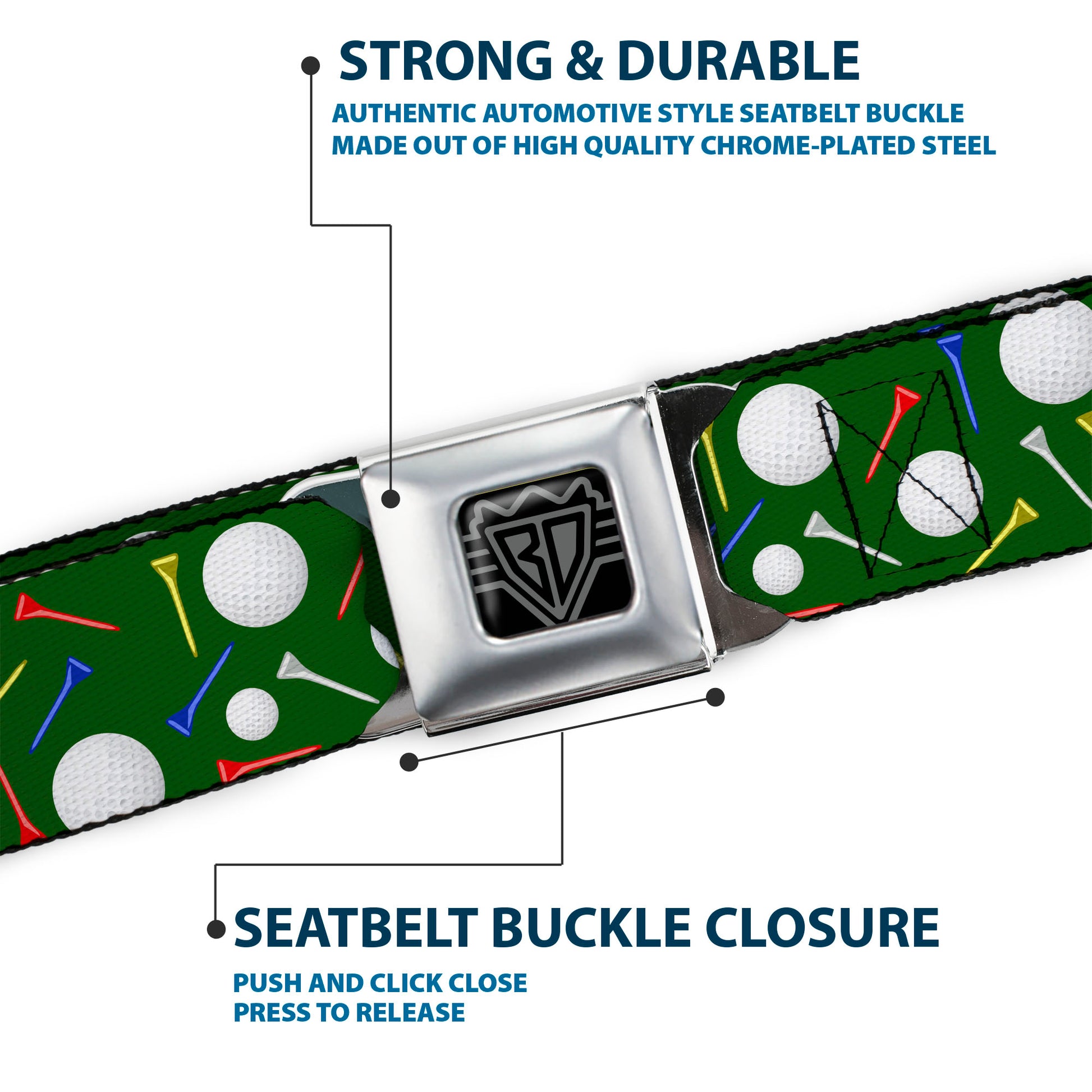 BD Wings Logo CLOSE-UP Full Color Black Silver Seatbelt Belt - Golf Balls/Tees Scattered Green/Multi Color Webbing Seatbelt Belts Buckle-Down
