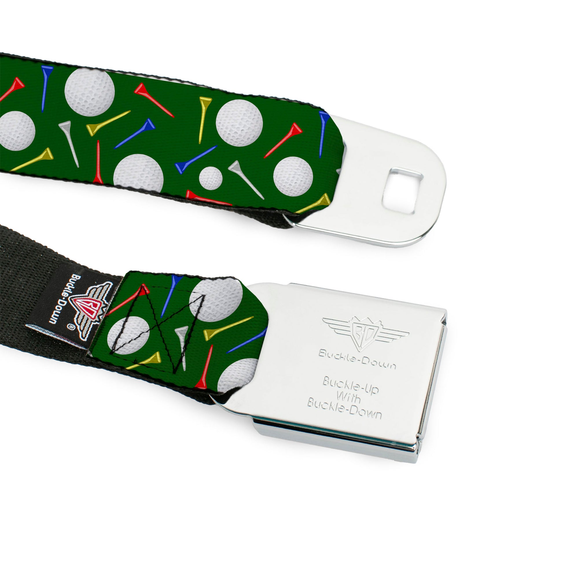 BD Wings Logo CLOSE-UP Full Color Black Silver Seatbelt Belt - Golf Balls/Tees Scattered Green/Multi Color Webbing Seatbelt Belts Buckle-Down