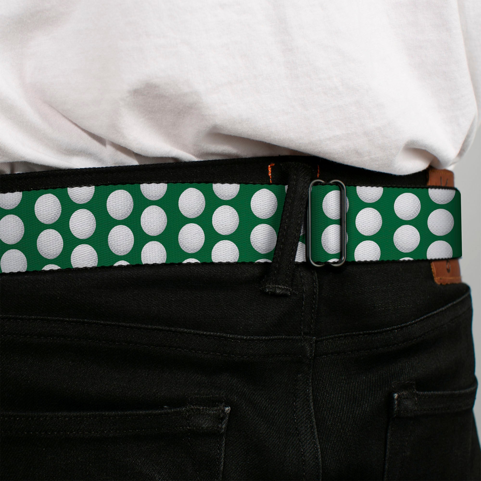 BD Wings Logo CLOSE-UP Full Color Black Silver Seatbelt Belt - Golf Balls Green/White Webbing Seatbelt Belts Buckle-Down