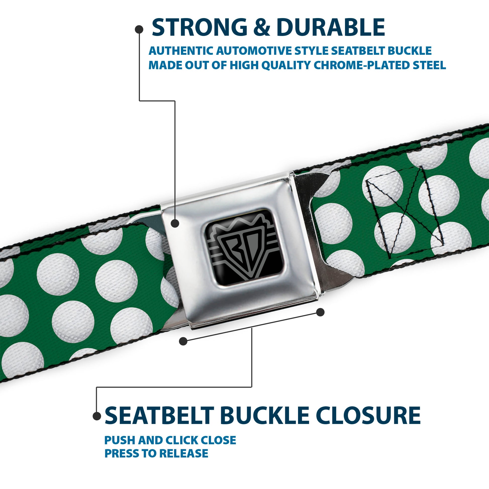 BD Wings Logo CLOSE-UP Full Color Black Silver Seatbelt Belt - Golf Balls Green/White Webbing Seatbelt Belts Buckle-Down