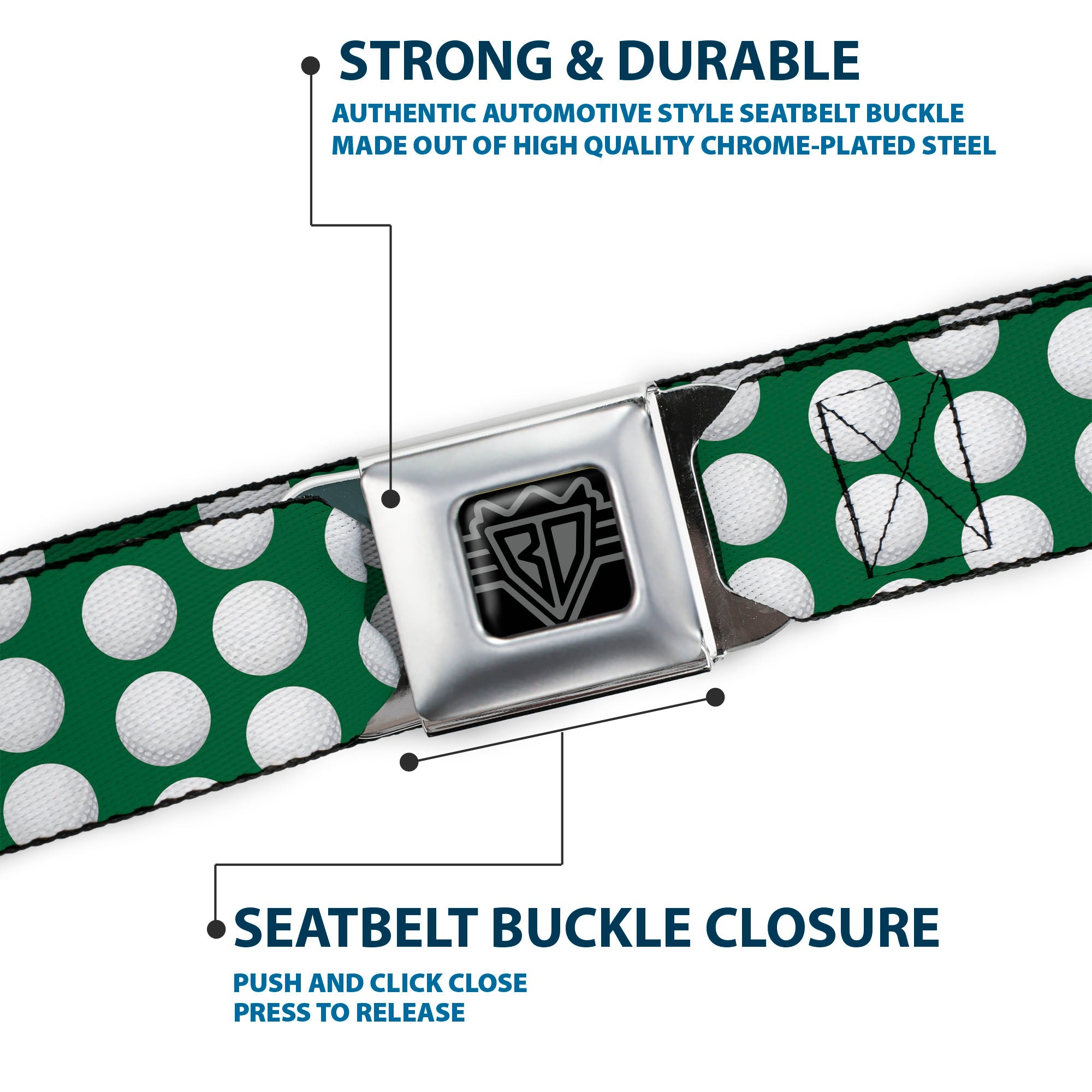 BD Wings Logo CLOSE-UP Full Color Black Silver Seatbelt Belt - Golf Balls Green/White Webbing Seatbelt Belts Buckle-Down