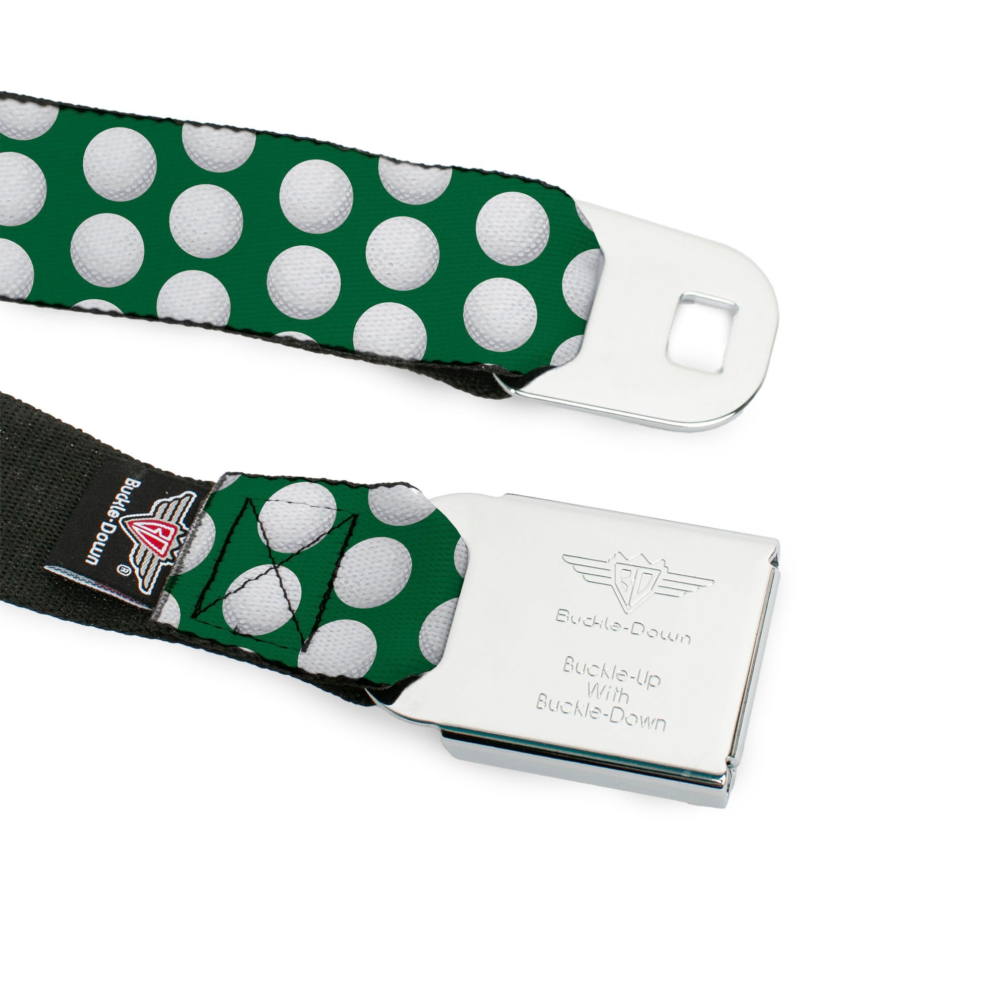 BD Wings Logo CLOSE-UP Full Color Black Silver Seatbelt Belt - Golf Balls Green/White Webbing Seatbelt Belts Buckle-Down
