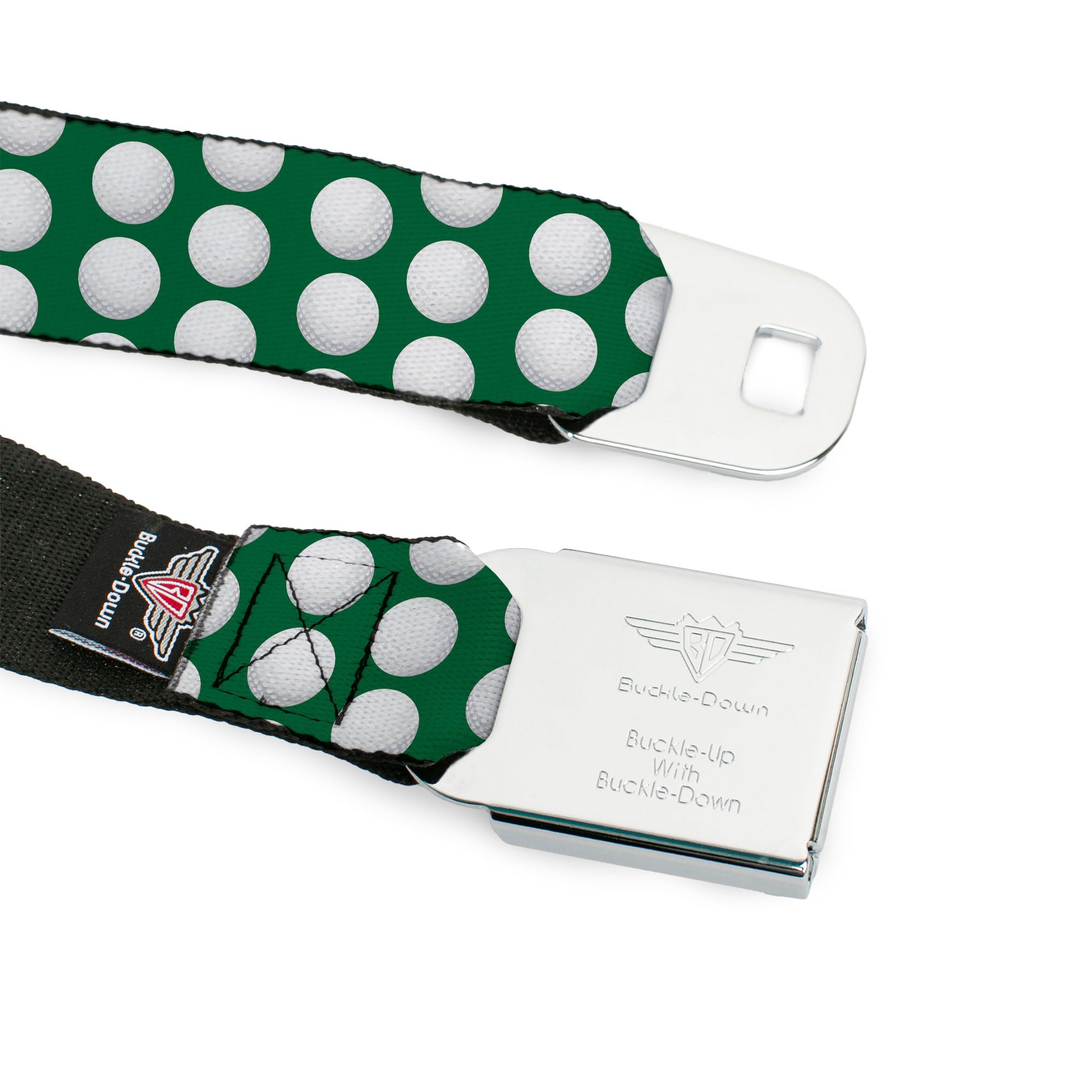 BD Wings Logo CLOSE-UP Full Color Black Silver Seatbelt Belt - Golf Balls Green/White Webbing Seatbelt Belts Buckle-Down