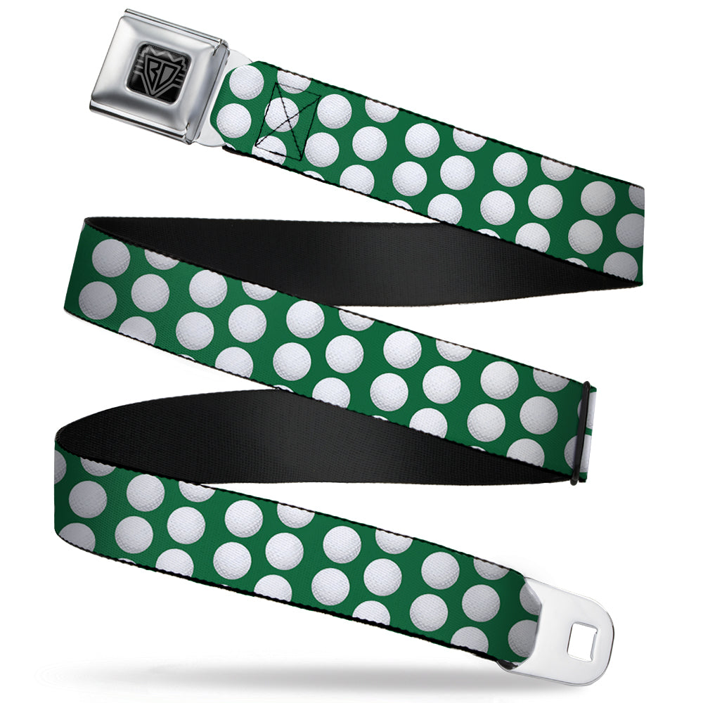 BD Wings Logo CLOSE-UP Full Color Black Silver Seatbelt Belt - Golf Balls Green/White Webbing Seatbelt Belts Buckle-Down