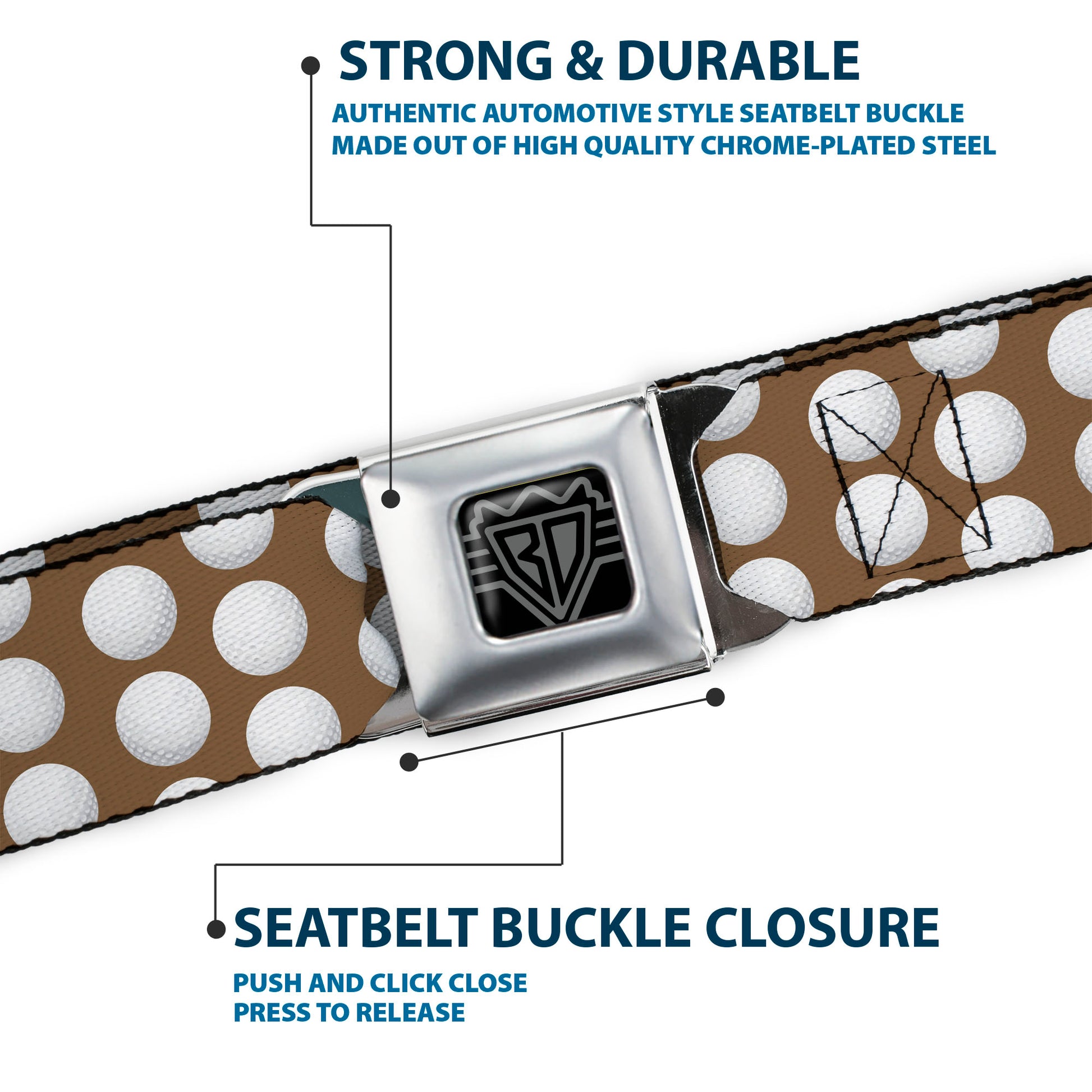 BD Wings Logo CLOSE-UP Full Color Black Silver Seatbelt Belt - Golf Balls Tan/White Webbing Seatbelt Belts Buckle-Down