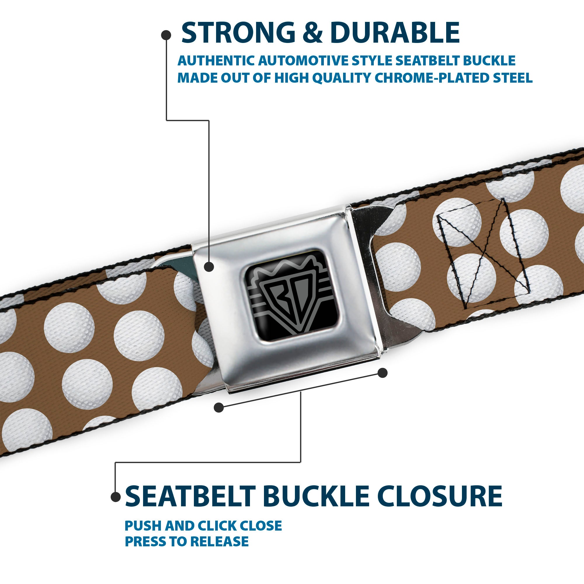 BD Wings Logo CLOSE-UP Full Color Black Silver Seatbelt Belt - Golf Balls Tan/White Webbing Seatbelt Belts Buckle-Down
