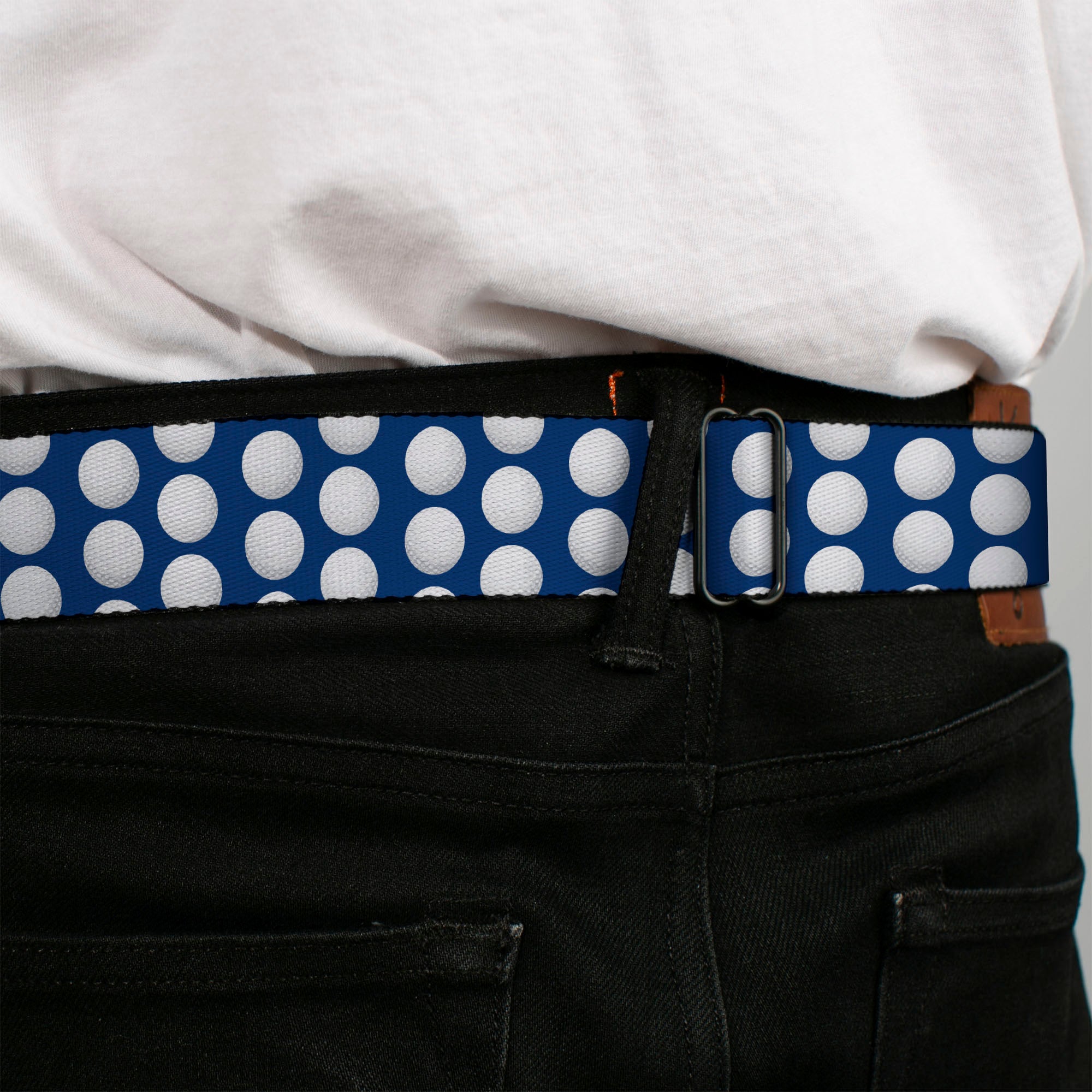 BD Wings Logo CLOSE-UP Full Color Black Silver Seatbelt Belt - Golf Balls Blue/White Webbing Seatbelt Belts Buckle-Down