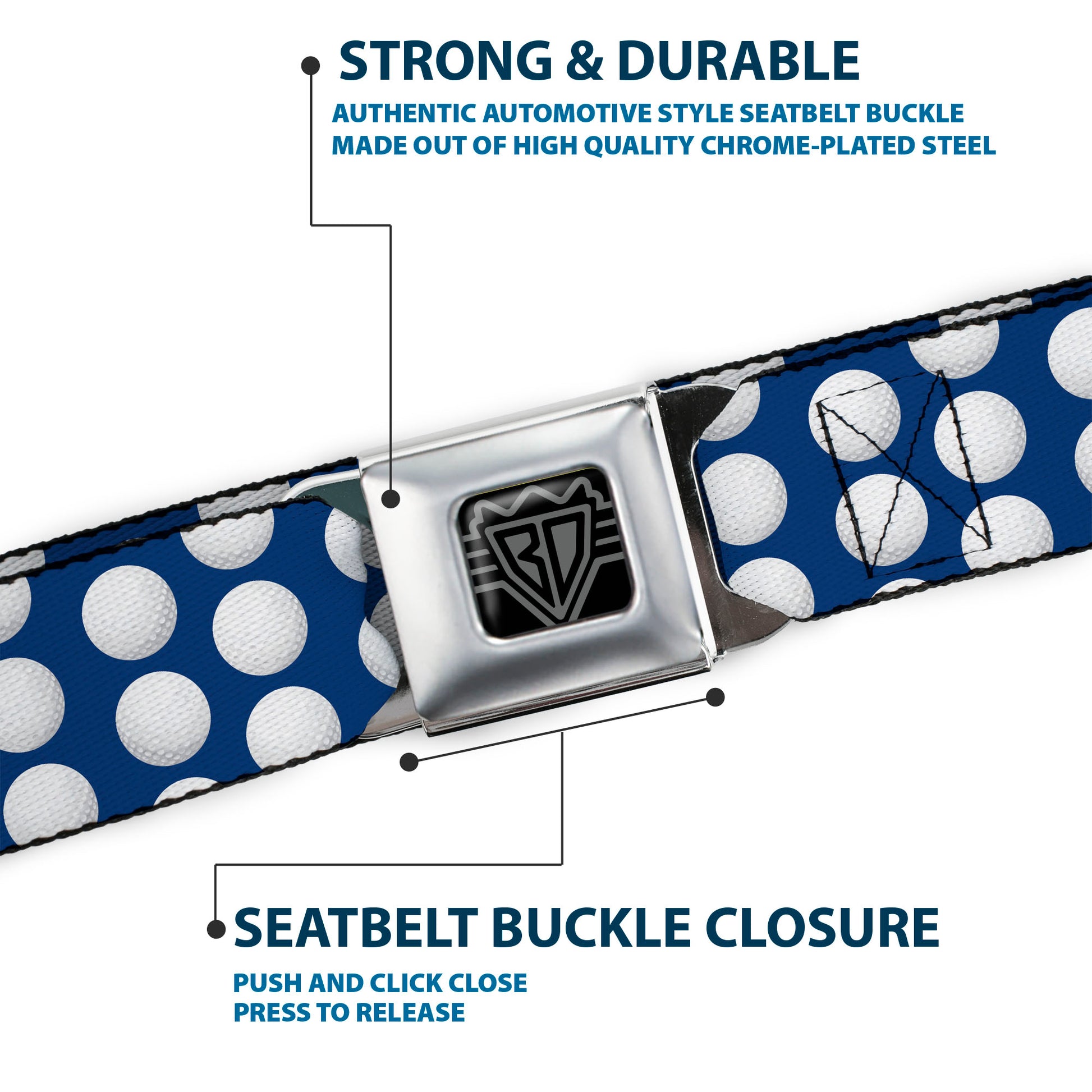 BD Wings Logo CLOSE-UP Full Color Black Silver Seatbelt Belt - Golf Balls Blue/White Webbing Seatbelt Belts Buckle-Down