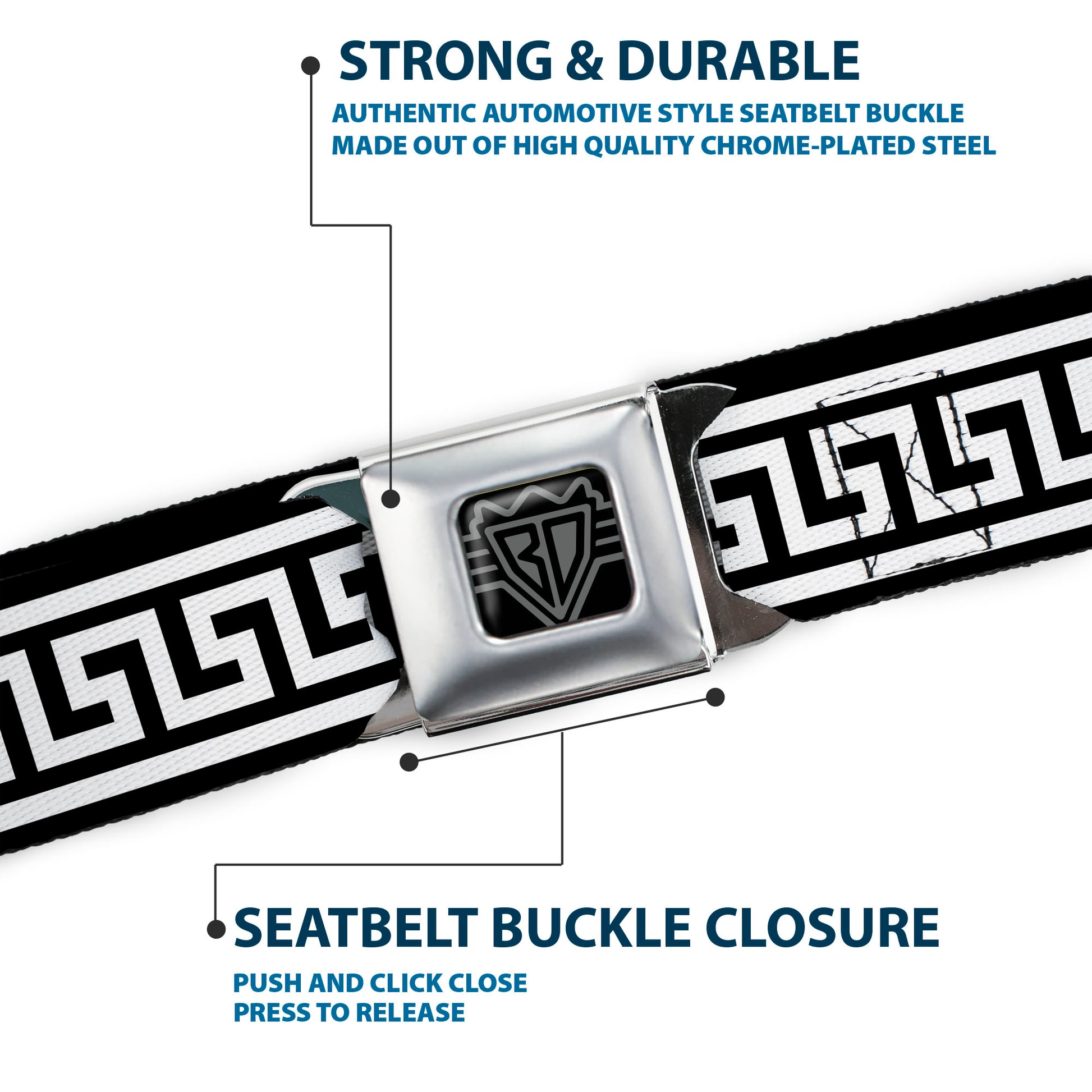 BD Wings Logo CLOSE-UP Full Color Black Silver Seatbelt Belt - Greek Key Border Black/White Webbing Seatbelt Belts Buckle-Down