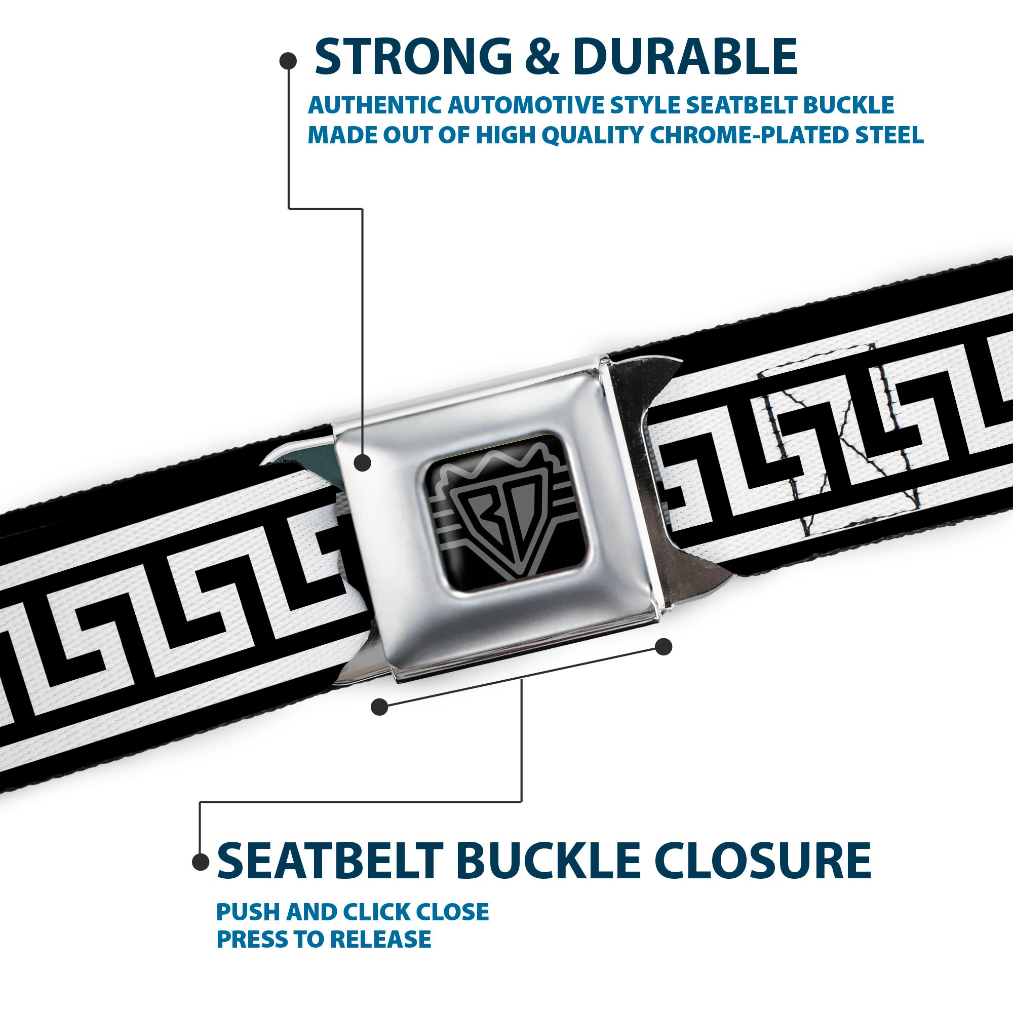 BD Wings Logo CLOSE-UP Full Color Black Silver Seatbelt Belt - Greek Key Border Black/White Webbing Seatbelt Belts Buckle-Down