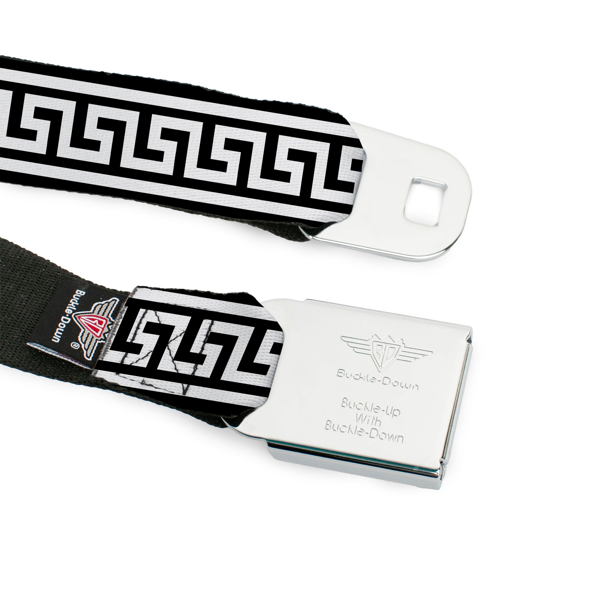 BD Wings Logo CLOSE-UP Full Color Black Silver Seatbelt Belt - Greek Key Border Black/White Webbing Seatbelt Belts Buckle-Down