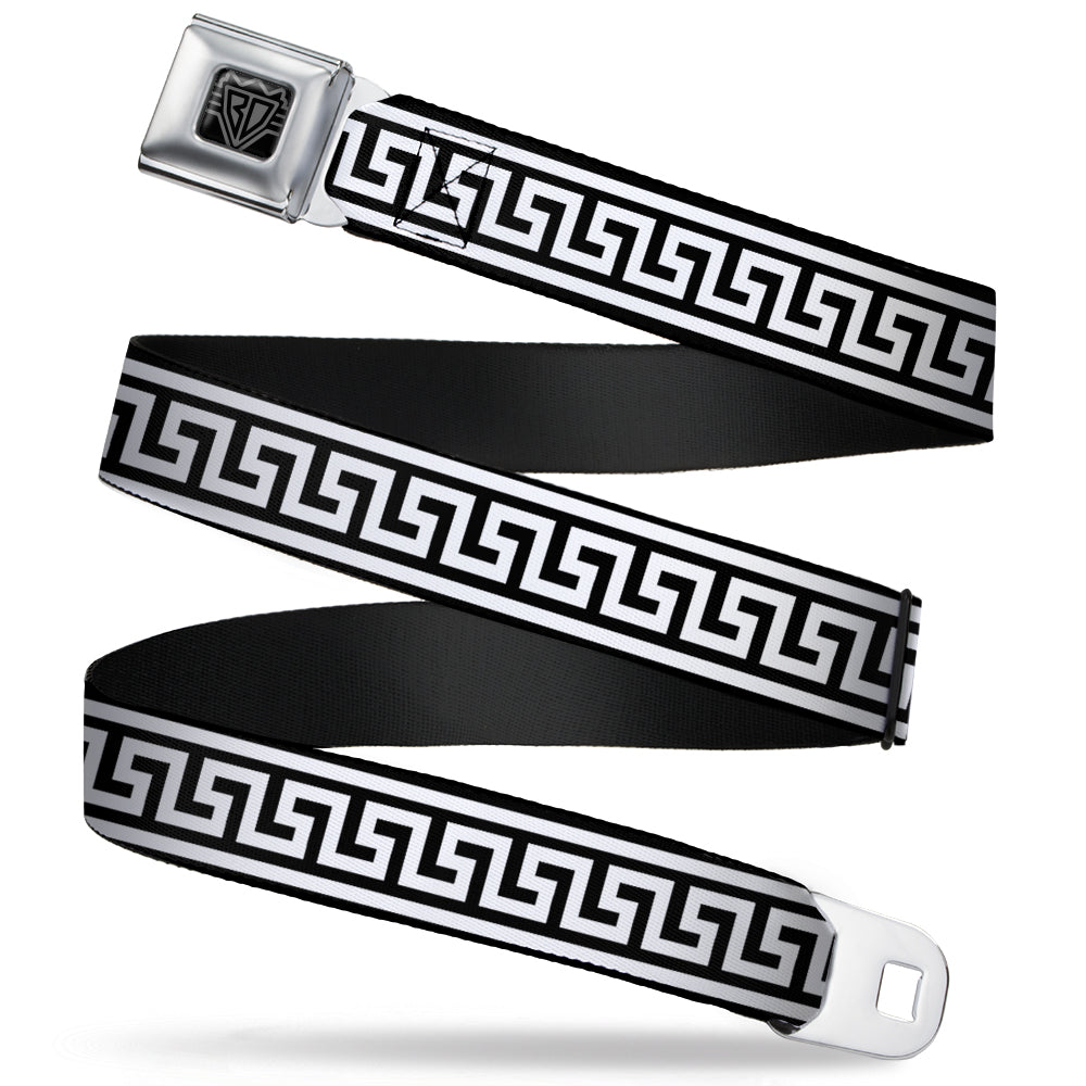 BD Wings Logo CLOSE-UP Full Color Black Silver Seatbelt Belt - Greek Key Border Black/White Webbing Seatbelt Belts Buckle-Down