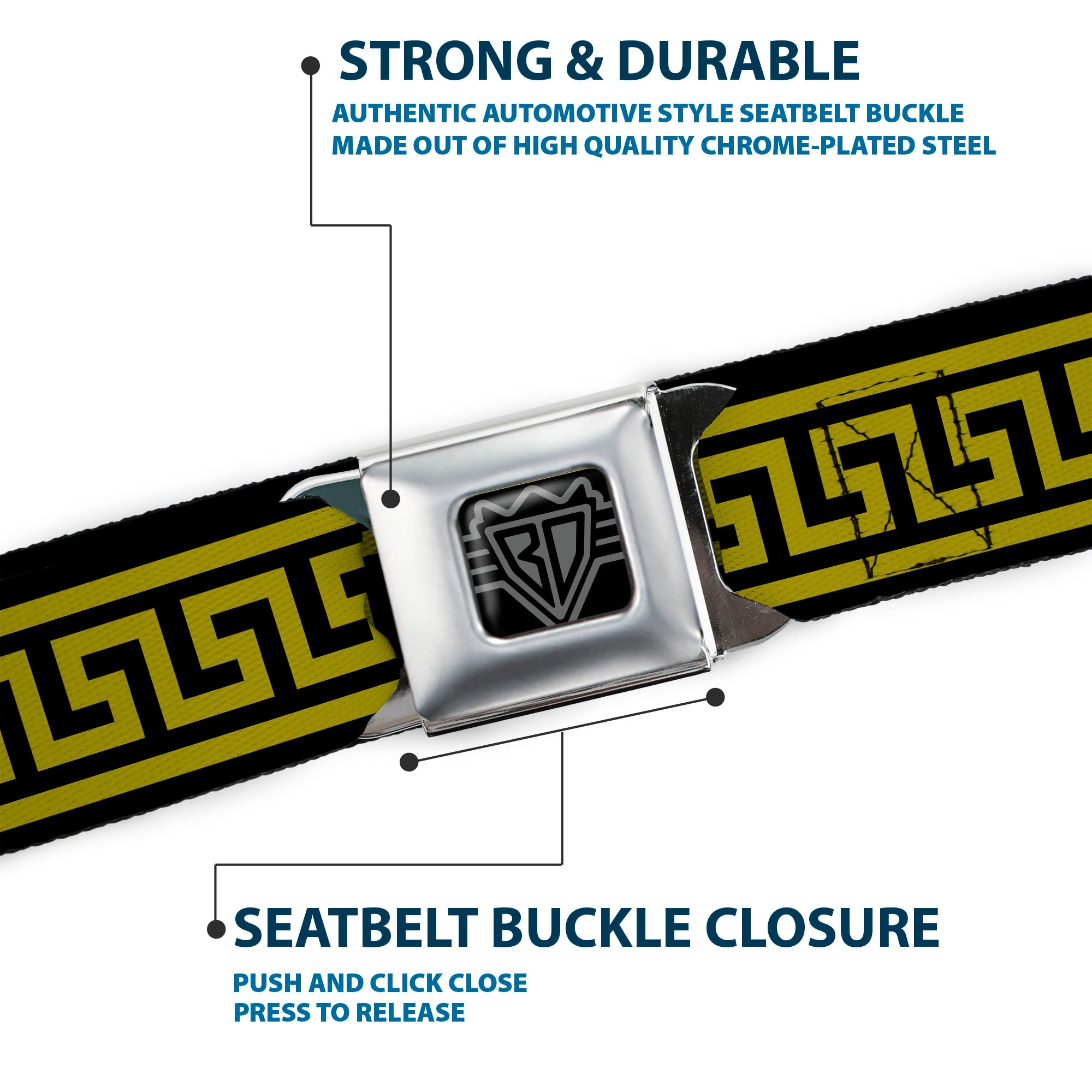 BD Wings Logo CLOSE-UP Full Color Black Silver Seatbelt Belt - Greek Key Border Black/Olive Webbing Seatbelt Belts Buckle-Down