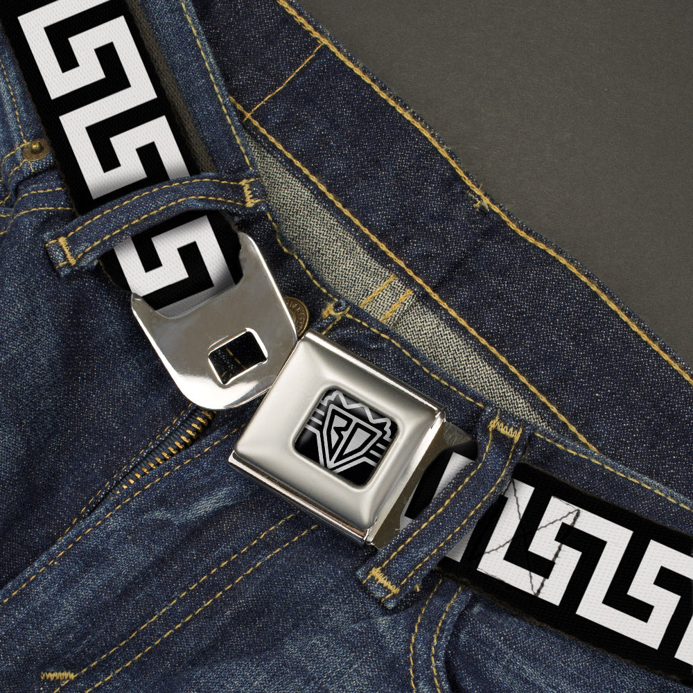 BD Wings Logo CLOSE-UP Full Color Black Silver Seatbelt Belt - Greek Key Black/White Webbing Seatbelt Belts Buckle-Down