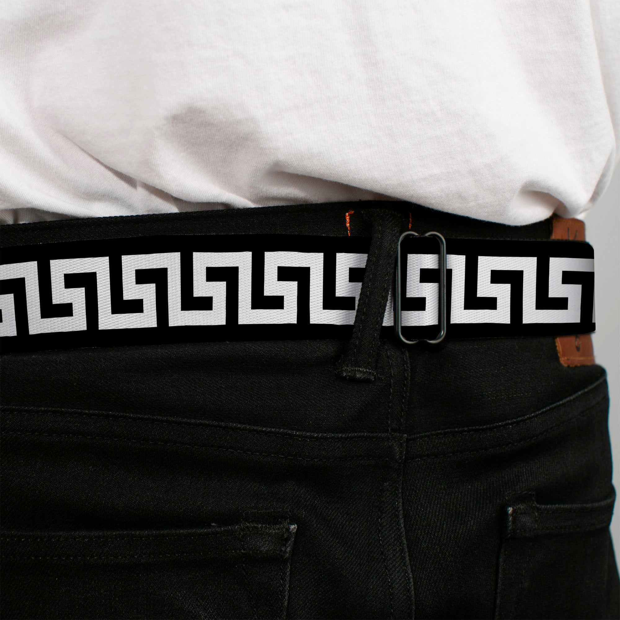 BD Wings Logo CLOSE-UP Full Color Black Silver Seatbelt Belt - Greek Key Black/White Webbing Seatbelt Belts Buckle-Down