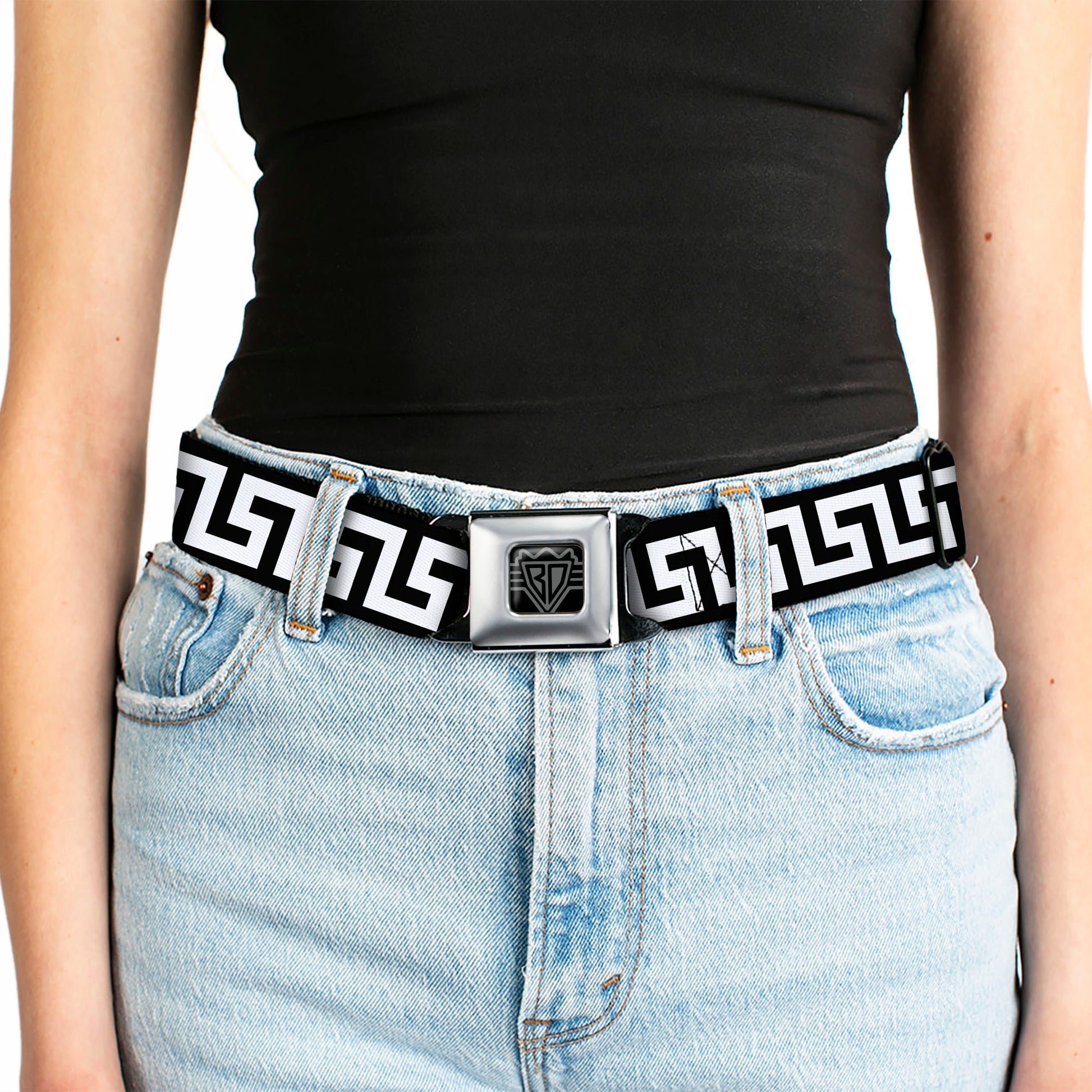 BD Wings Logo CLOSE-UP Full Color Black Silver Seatbelt Belt - Greek Key Black/White Webbing Seatbelt Belts Buckle-Down