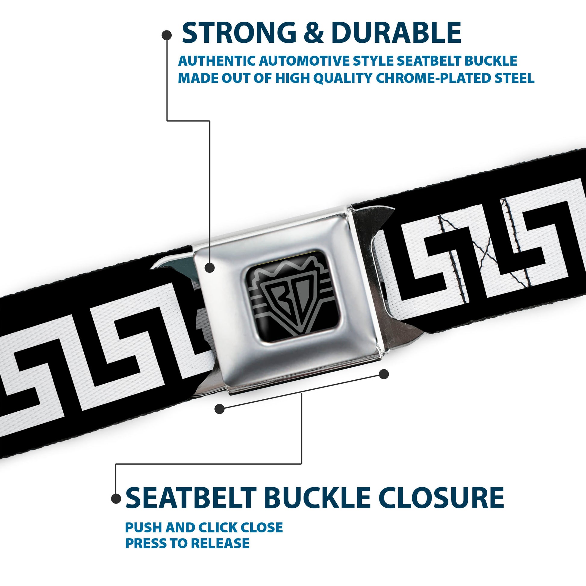 BD Wings Logo CLOSE-UP Full Color Black Silver Seatbelt Belt - Greek Key Black/White Webbing Seatbelt Belts Buckle-Down
