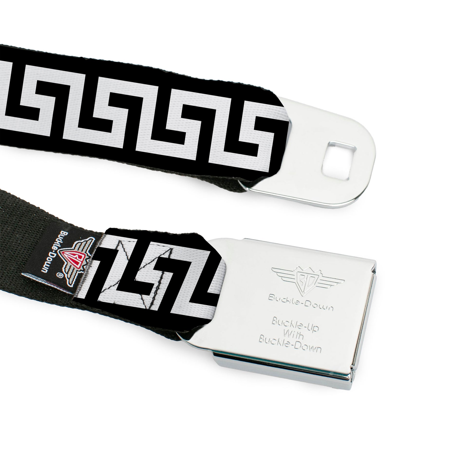 BD Wings Logo CLOSE-UP Full Color Black Silver Seatbelt Belt - Greek Key Black/White Webbing Seatbelt Belts Buckle-Down