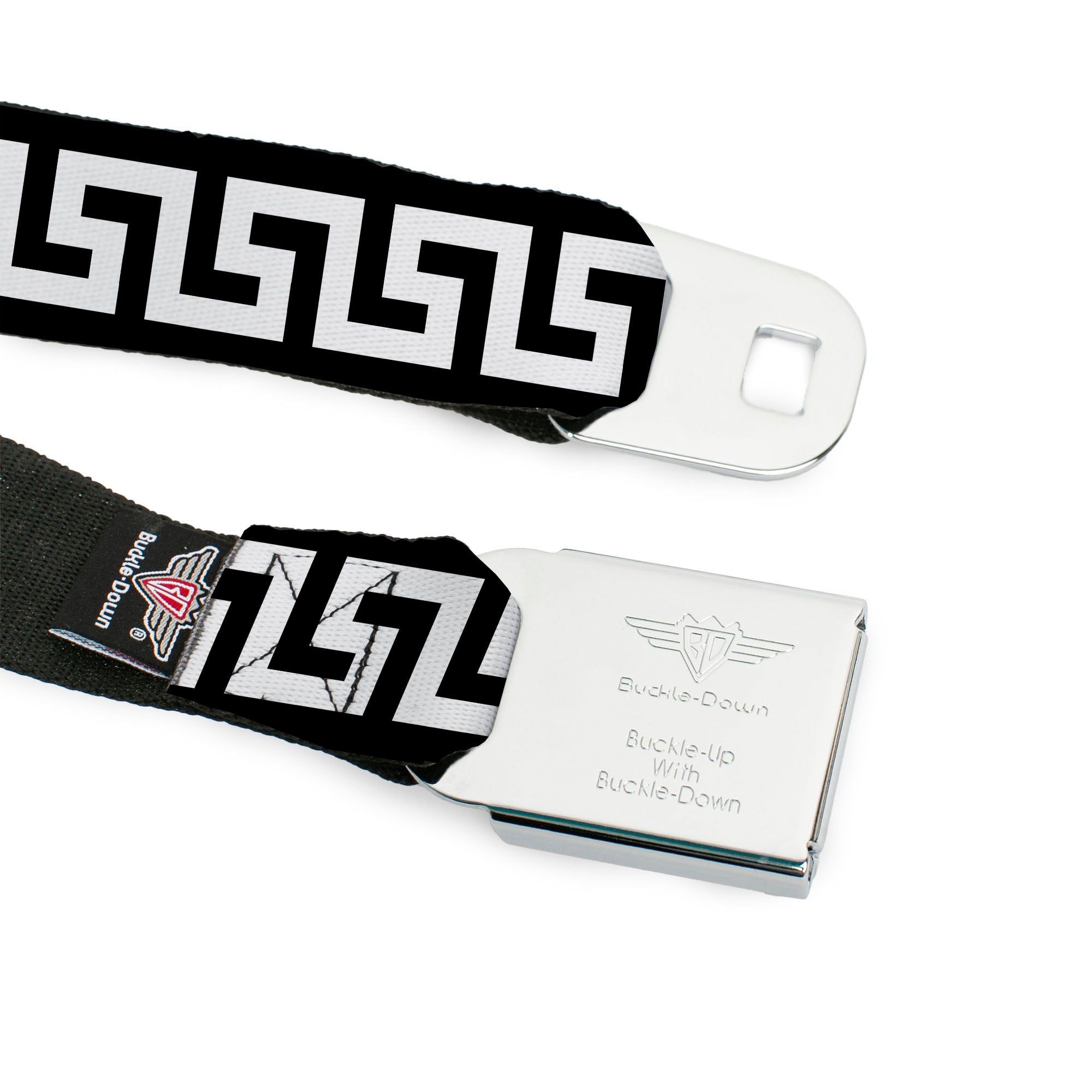 BD Wings Logo CLOSE-UP Full Color Black Silver Seatbelt Belt - Greek Key Black/White Webbing Seatbelt Belts Buckle-Down