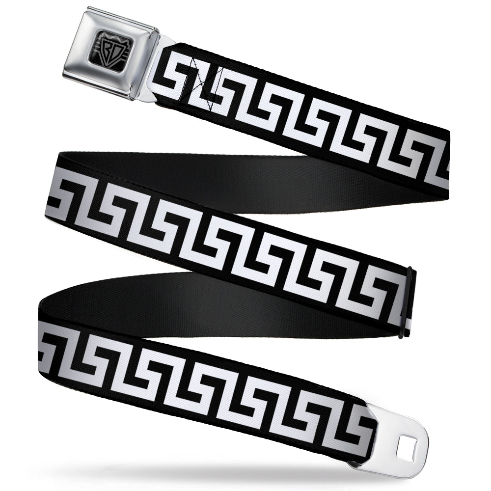 BD Wings Logo CLOSE-UP Full Color Black Silver Seatbelt Belt - Greek Key Black/White Webbing Seatbelt Belts Buckle-Down