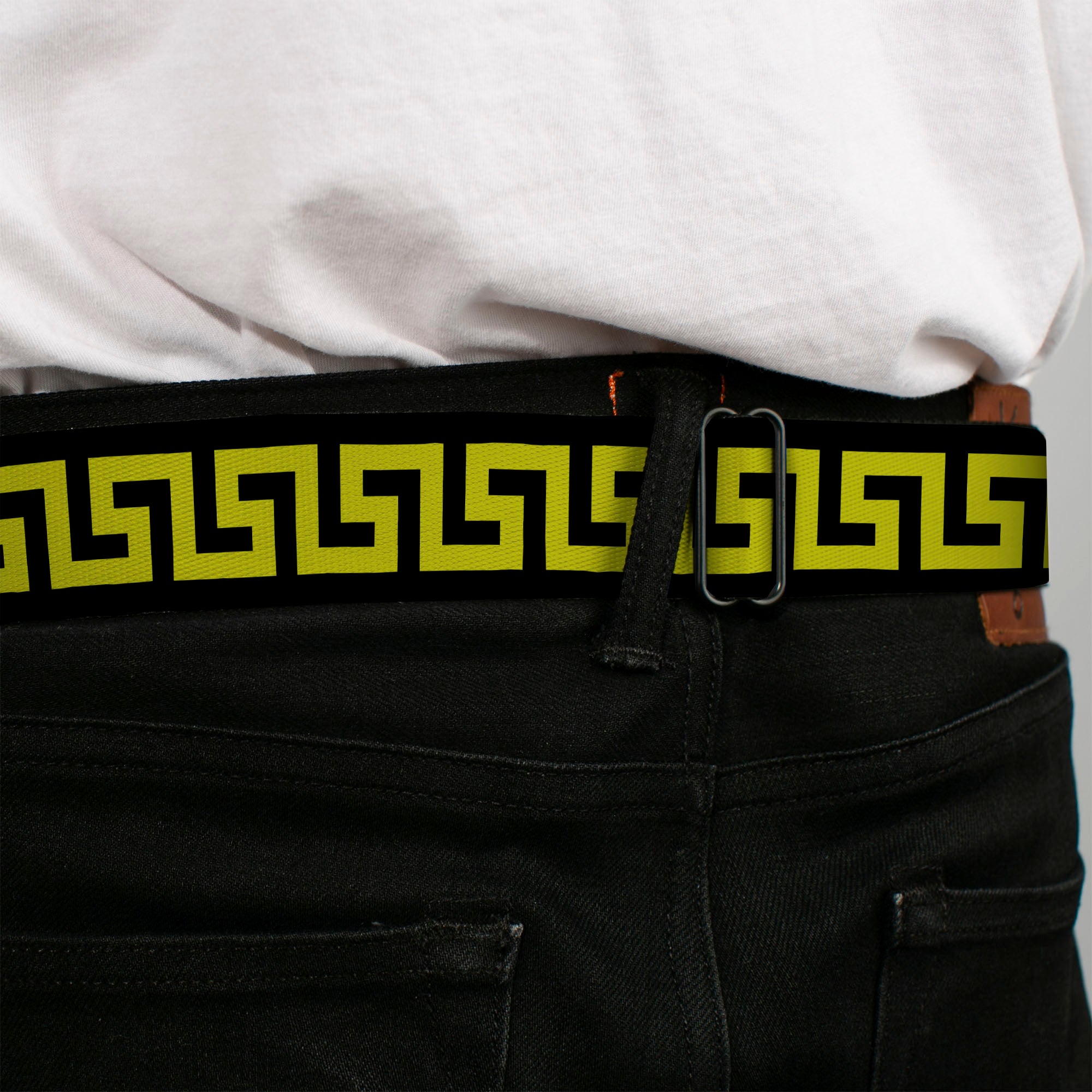 BD Wings Logo CLOSE-UP Full Color Black Silver Seatbelt Belt - Greek Key Black/Olive Webbing Seatbelt Belts Buckle-Down