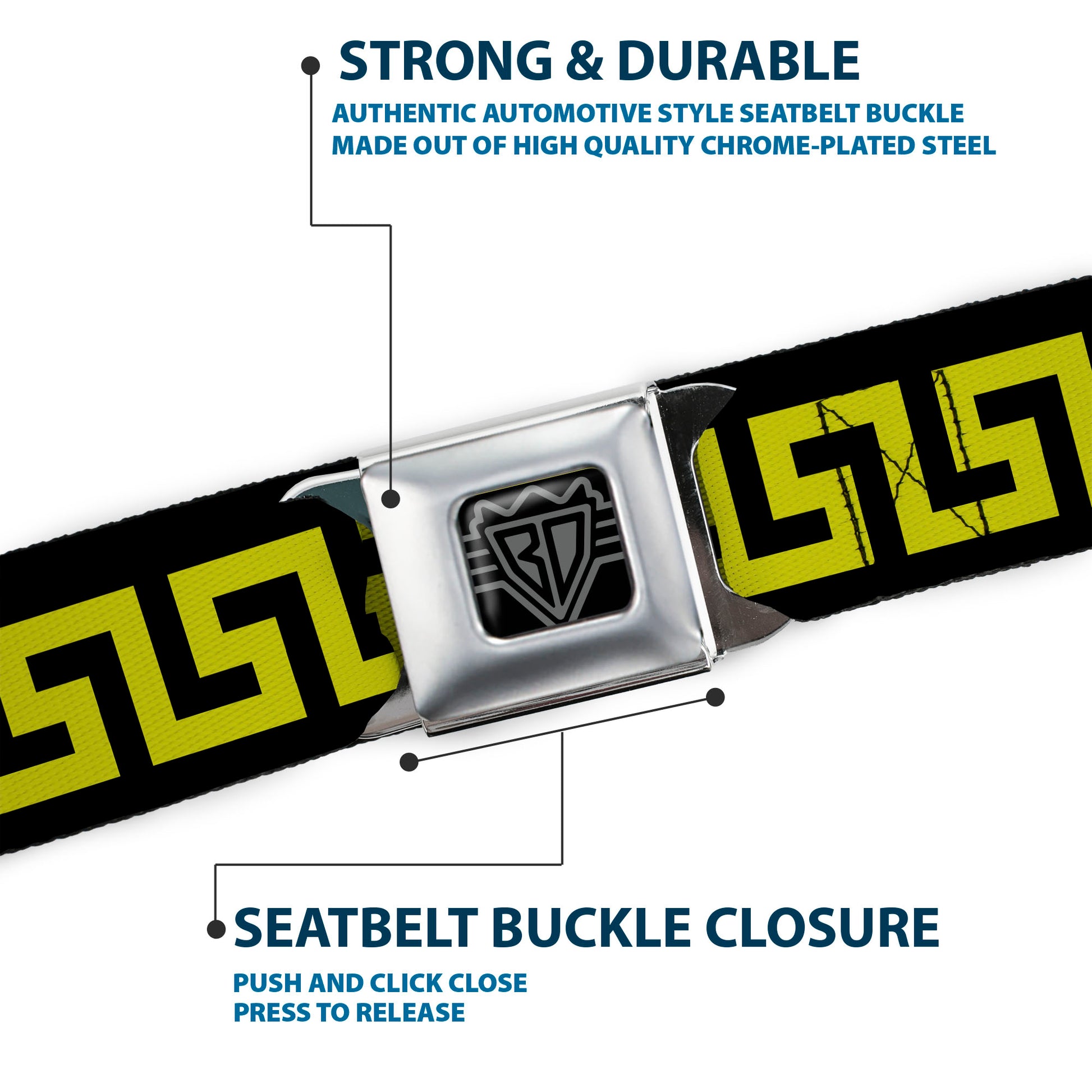 BD Wings Logo CLOSE-UP Full Color Black Silver Seatbelt Belt - Greek Key Black/Olive Webbing Seatbelt Belts Buckle-Down
