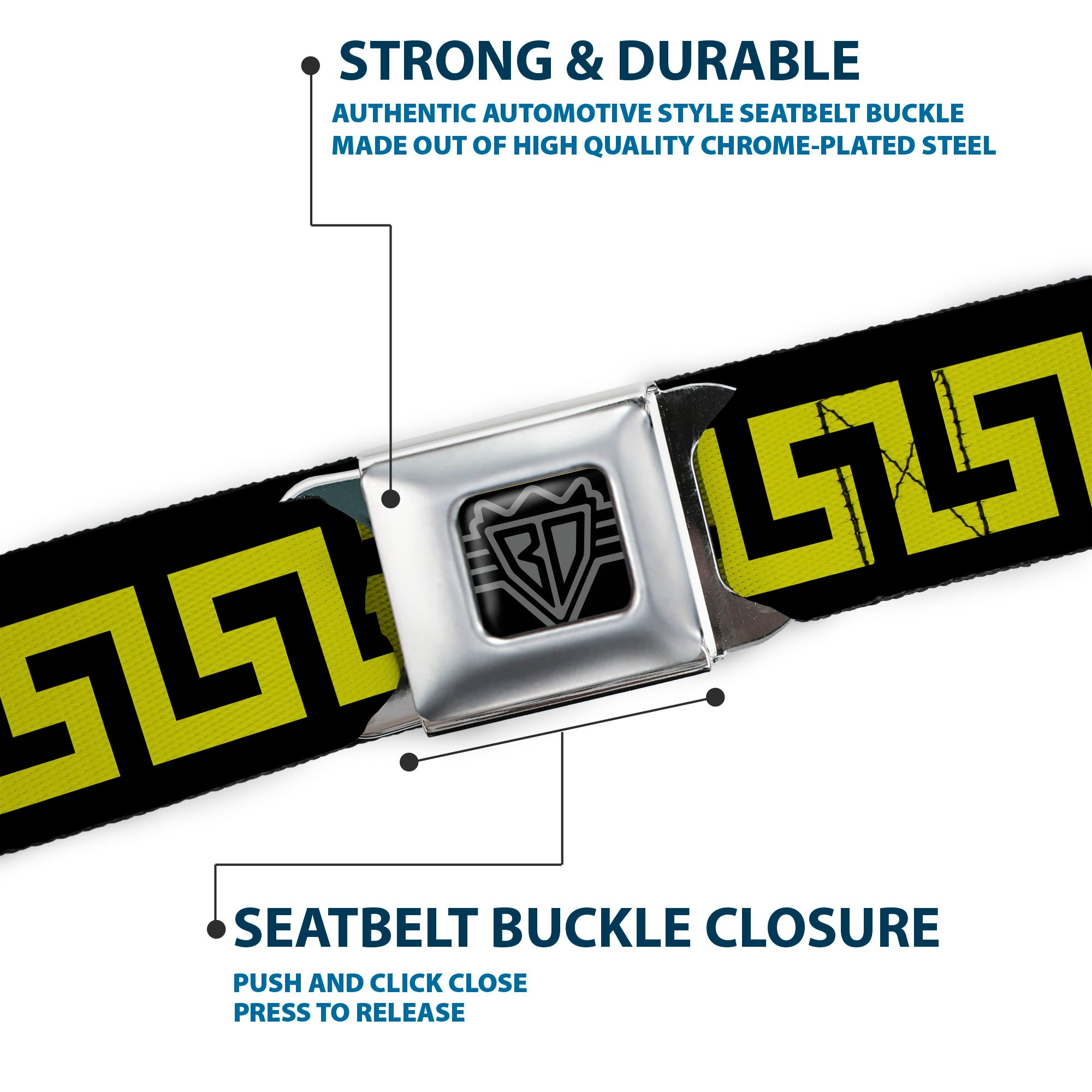 BD Wings Logo CLOSE-UP Full Color Black Silver Seatbelt Belt - Greek Key Black/Olive Webbing Seatbelt Belts Buckle-Down