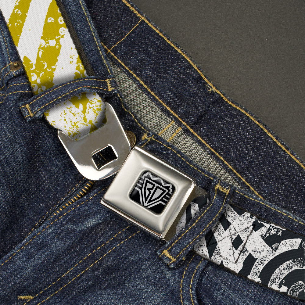 BD Wings Logo CLOSE-UP Full Color Black Silver Seatbelt Belt - Grunge Chaos2 White/Blue-Yellow Fade Webbing Seatbelt Belts Buckle-Down