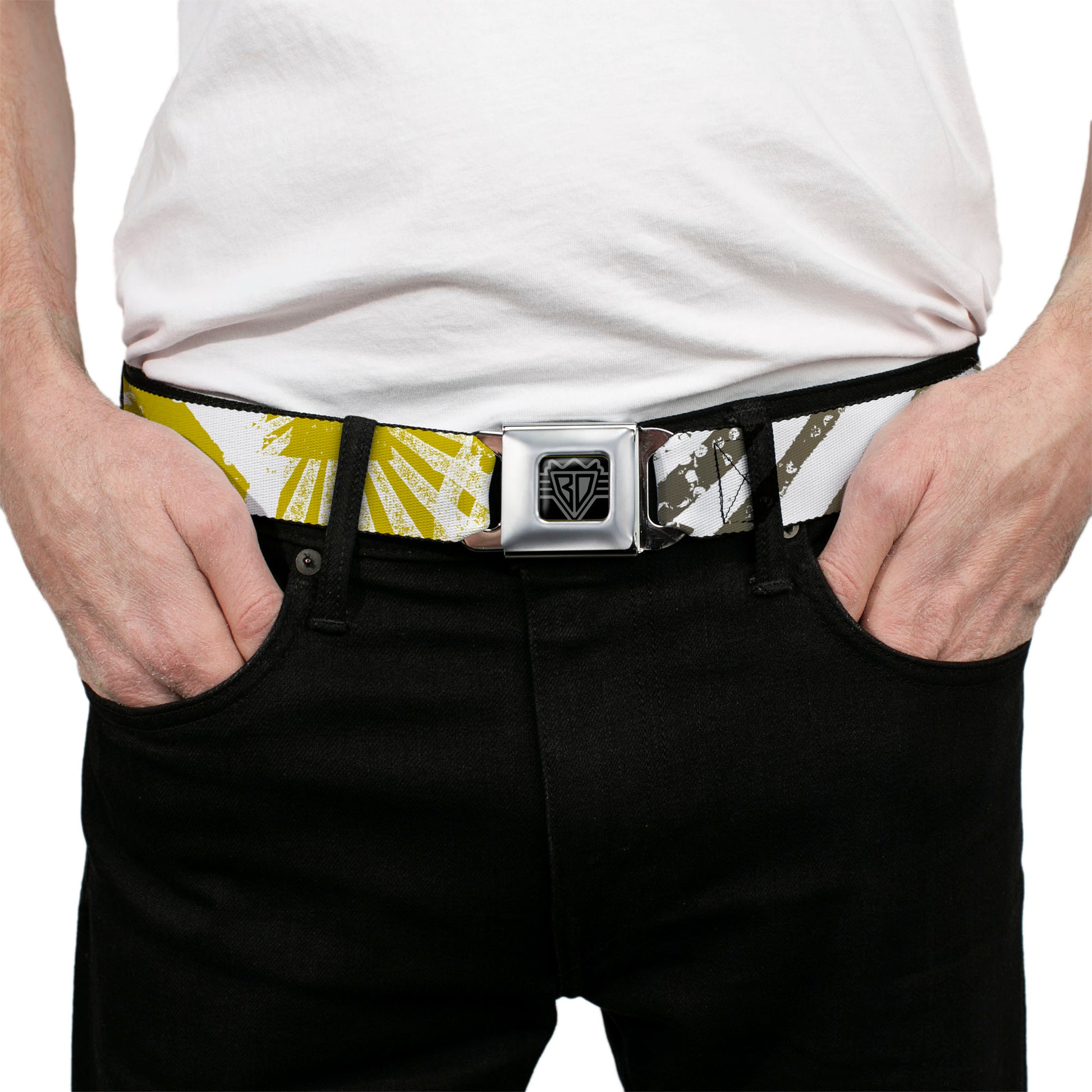 BD Wings Logo CLOSE-UP Full Color Black Silver Seatbelt Belt - Grunge Chaos2 White/Blue-Yellow Fade Webbing Seatbelt Belts Buckle-Down