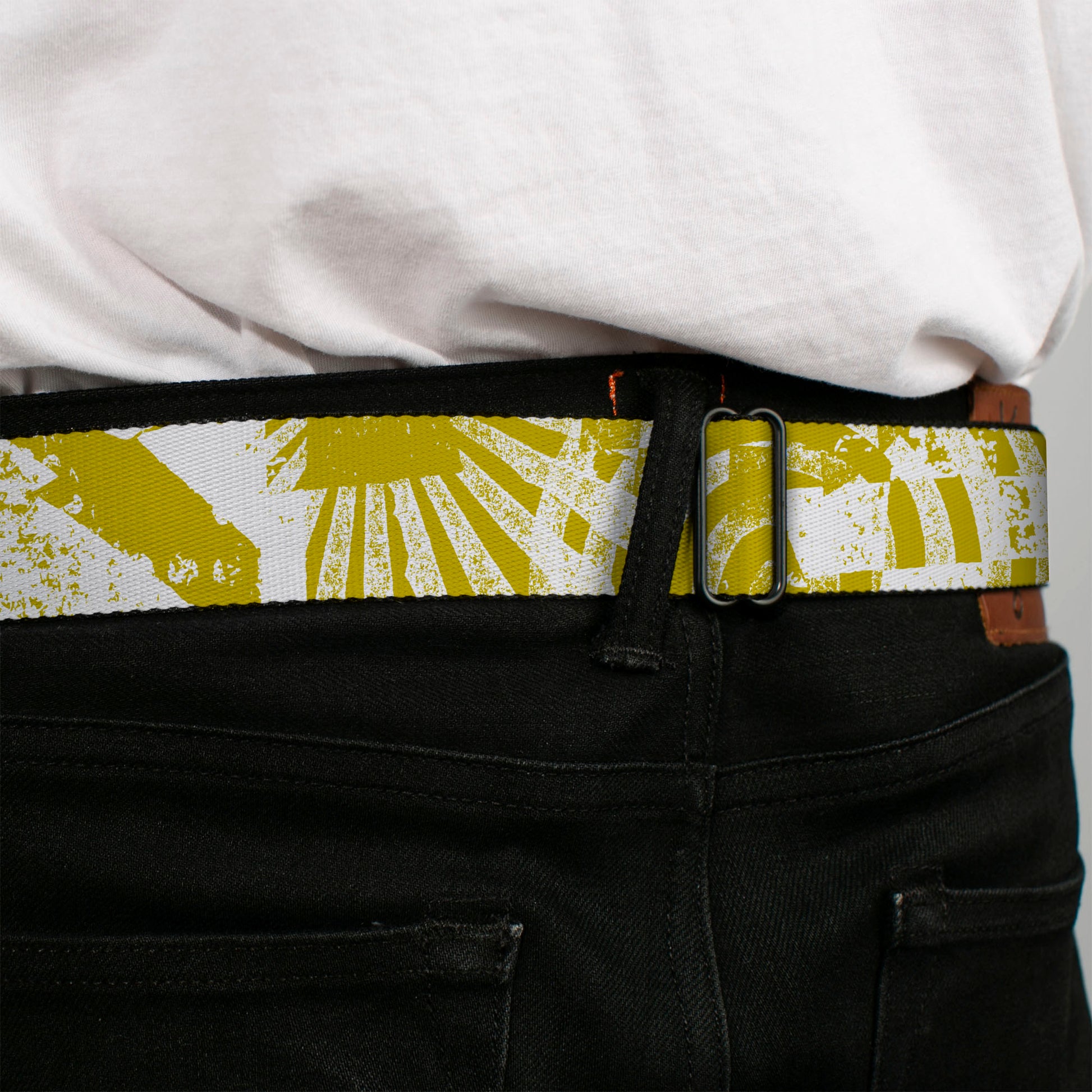 BD Wings Logo CLOSE-UP Full Color Black Silver Seatbelt Belt - Grunge Chaos2 White/Blue-Yellow Fade Webbing Seatbelt Belts Buckle-Down