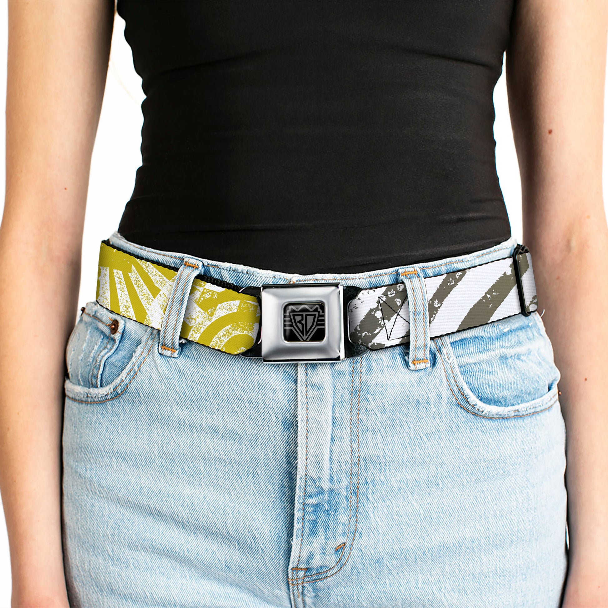 BD Wings Logo CLOSE-UP Full Color Black Silver Seatbelt Belt - Grunge Chaos2 White/Blue-Yellow Fade Webbing Seatbelt Belts Buckle-Down