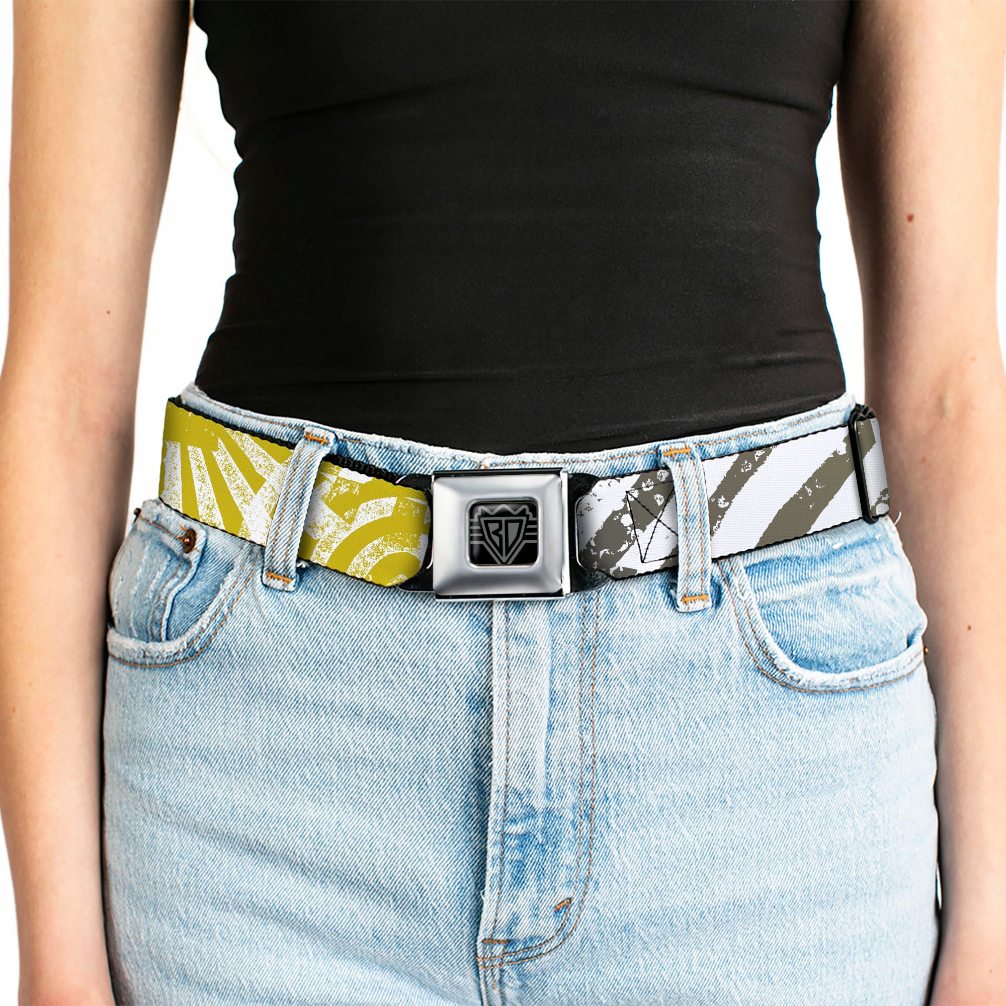 BD Wings Logo CLOSE-UP Full Color Black Silver Seatbelt Belt - Grunge Chaos2 White/Blue-Yellow Fade Webbing Seatbelt Belts Buckle-Down