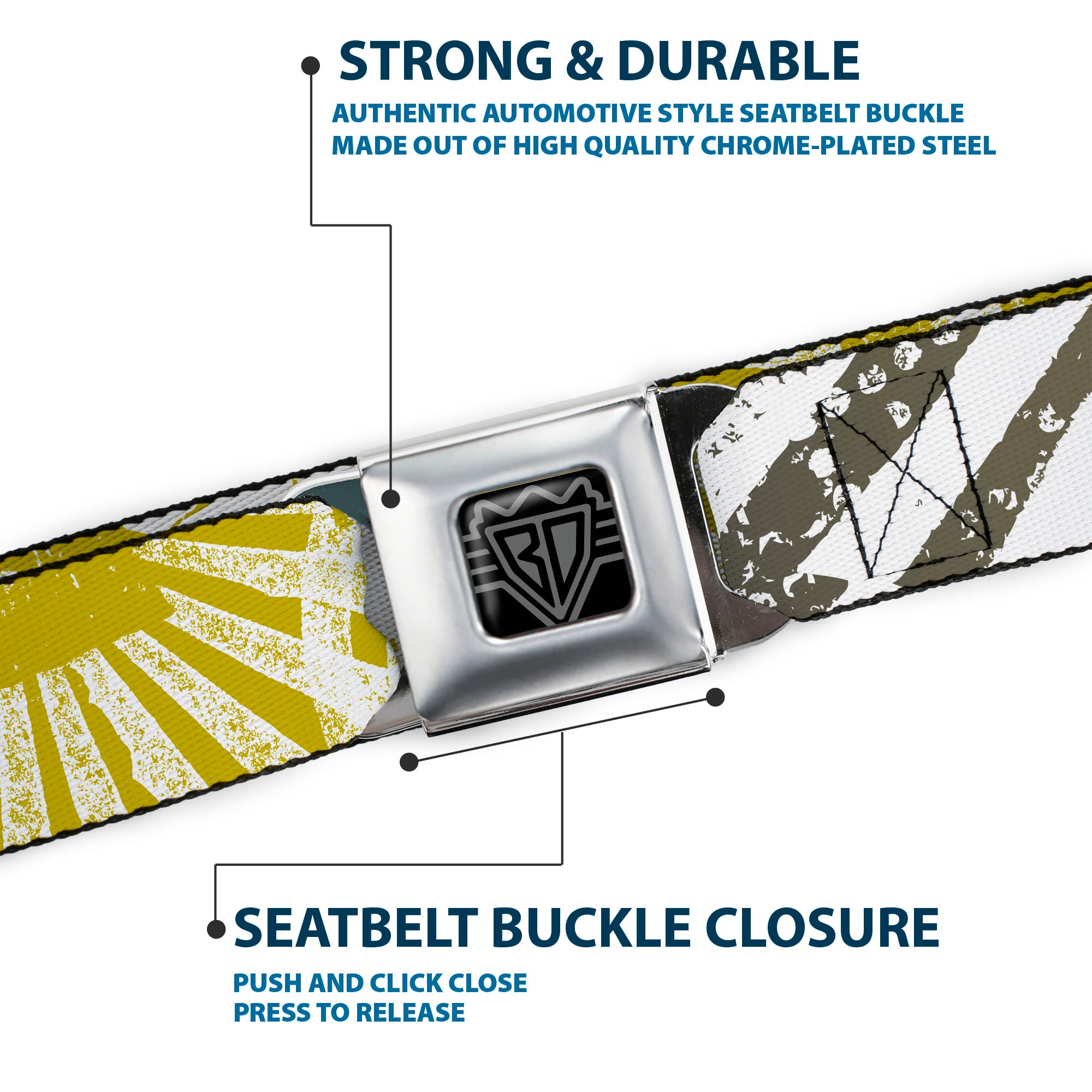 BD Wings Logo CLOSE-UP Full Color Black Silver Seatbelt Belt - Grunge Chaos2 White/Blue-Yellow Fade Webbing Seatbelt Belts Buckle-Down