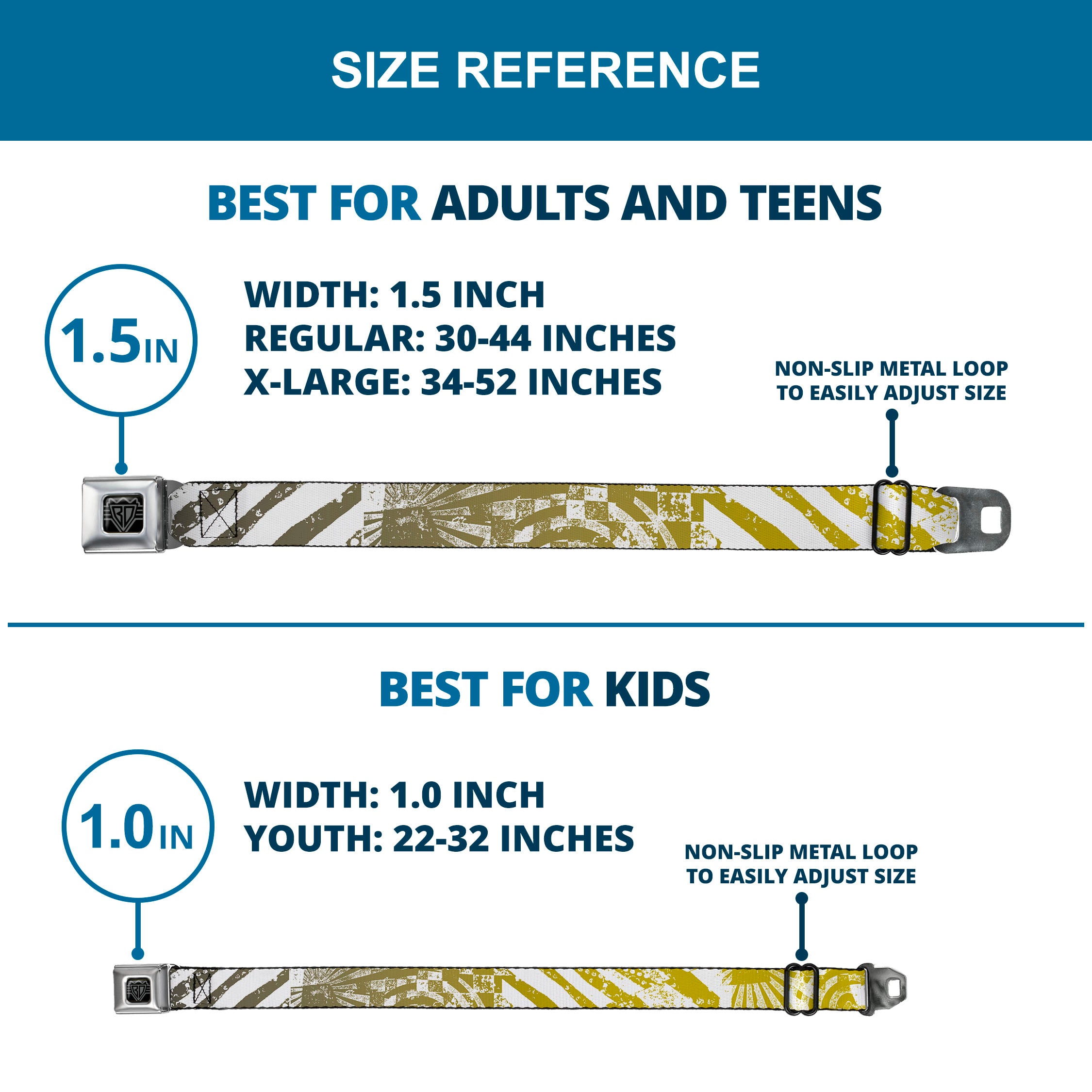 BD Wings Logo CLOSE-UP Full Color Black Silver Seatbelt Belt - Grunge Chaos2 White/Blue-Yellow Fade Webbing Seatbelt Belts Buckle-Down