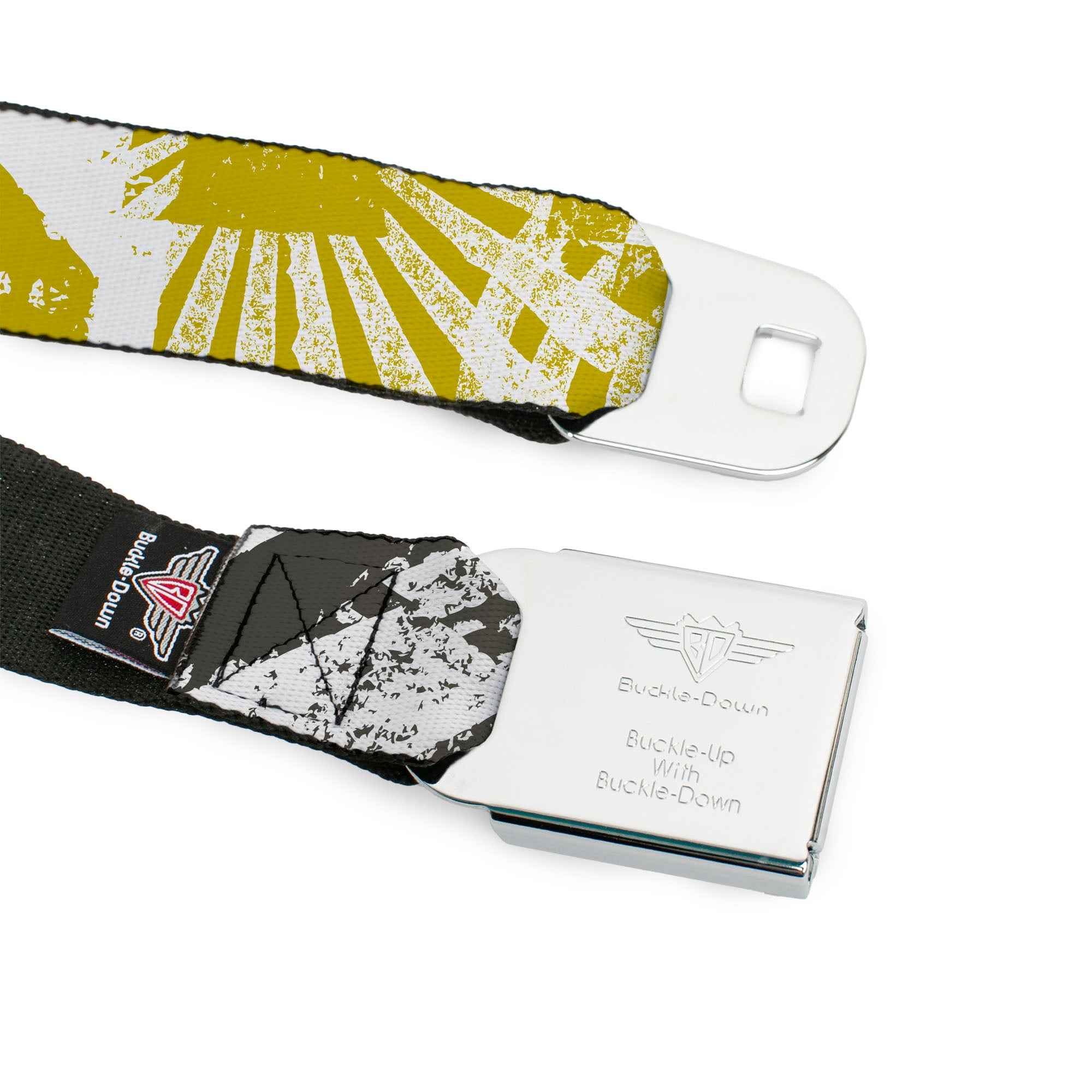 BD Wings Logo CLOSE-UP Full Color Black Silver Seatbelt Belt - Grunge Chaos2 White/Blue-Yellow Fade Webbing Seatbelt Belts Buckle-Down