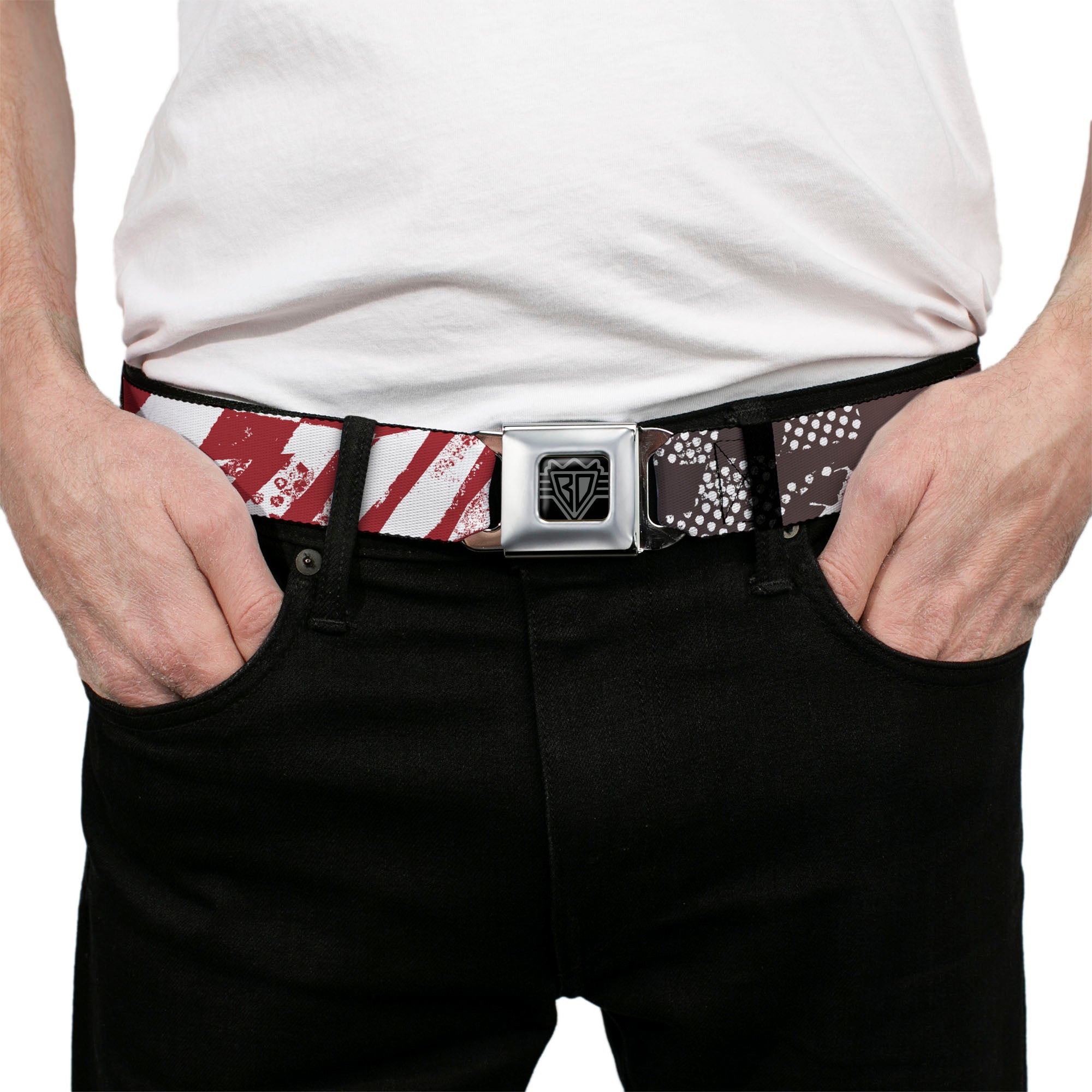 BD Wings Logo CLOSE-UP Full Color Black Silver Seatbelt Belt - Grunge Chaos3 White/Blue-Red Fade Webbing Seatbelt Belts Buckle-Down