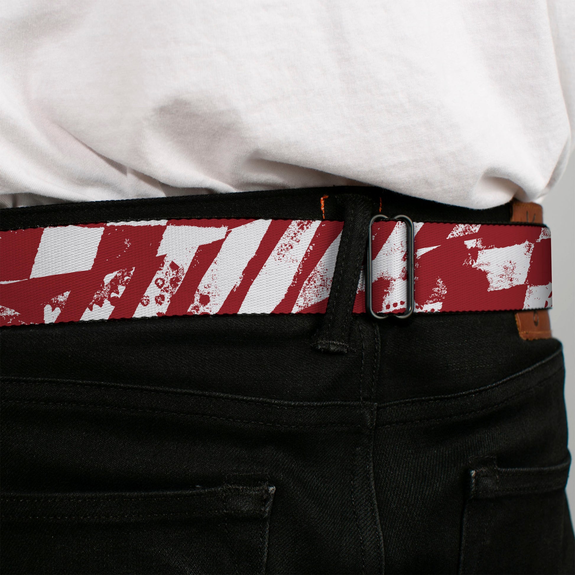 BD Wings Logo CLOSE-UP Full Color Black Silver Seatbelt Belt - Grunge Chaos3 White/Blue-Red Fade Webbing Seatbelt Belts Buckle-Down