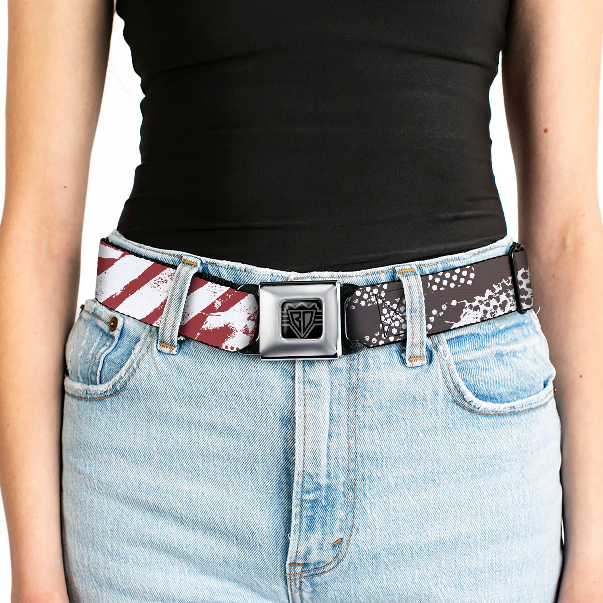 BD Wings Logo CLOSE-UP Full Color Black Silver Seatbelt Belt - Grunge Chaos3 White/Blue-Red Fade Webbing Seatbelt Belts Buckle-Down