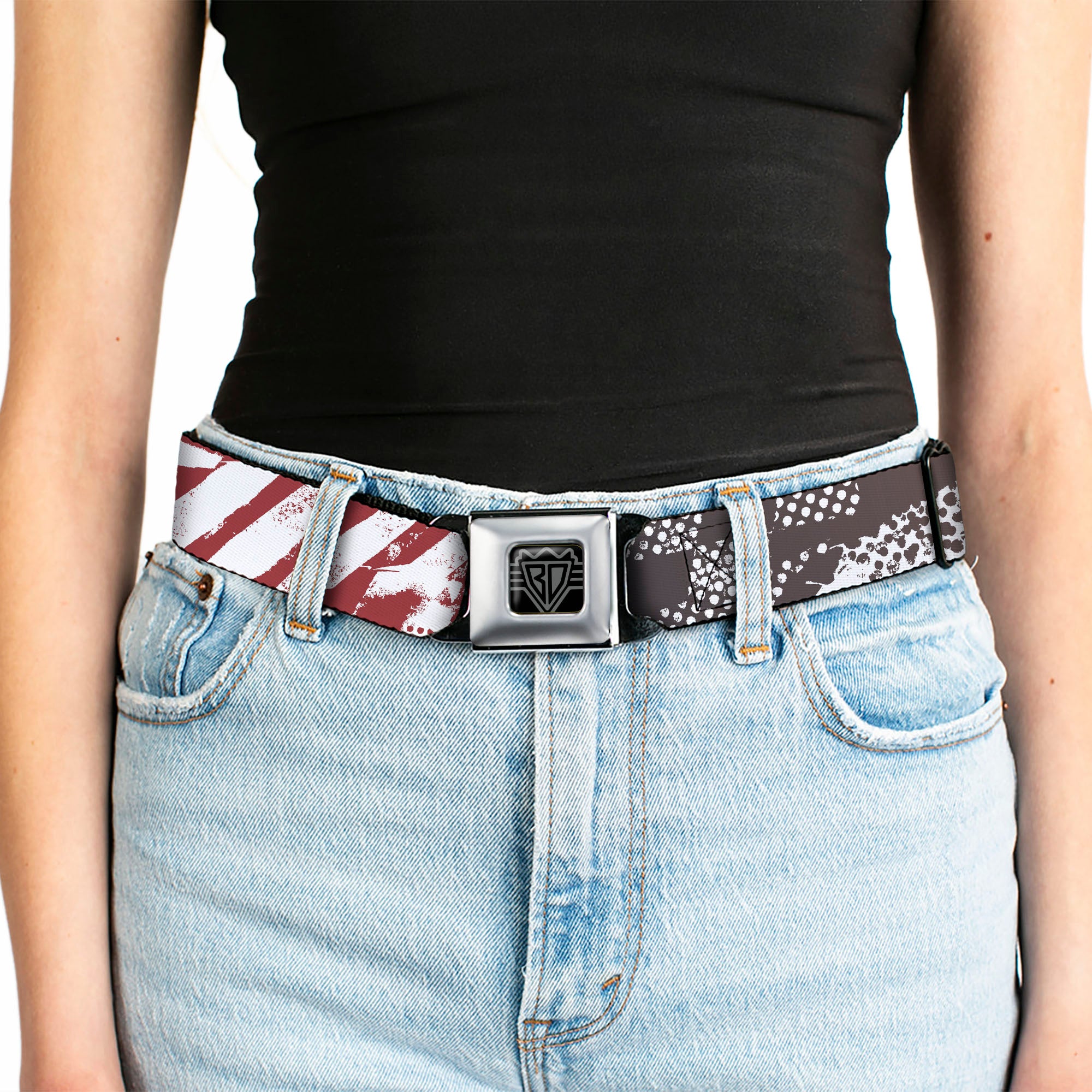 BD Wings Logo CLOSE-UP Full Color Black Silver Seatbelt Belt - Grunge Chaos3 White/Blue-Red Fade Webbing Seatbelt Belts Buckle-Down