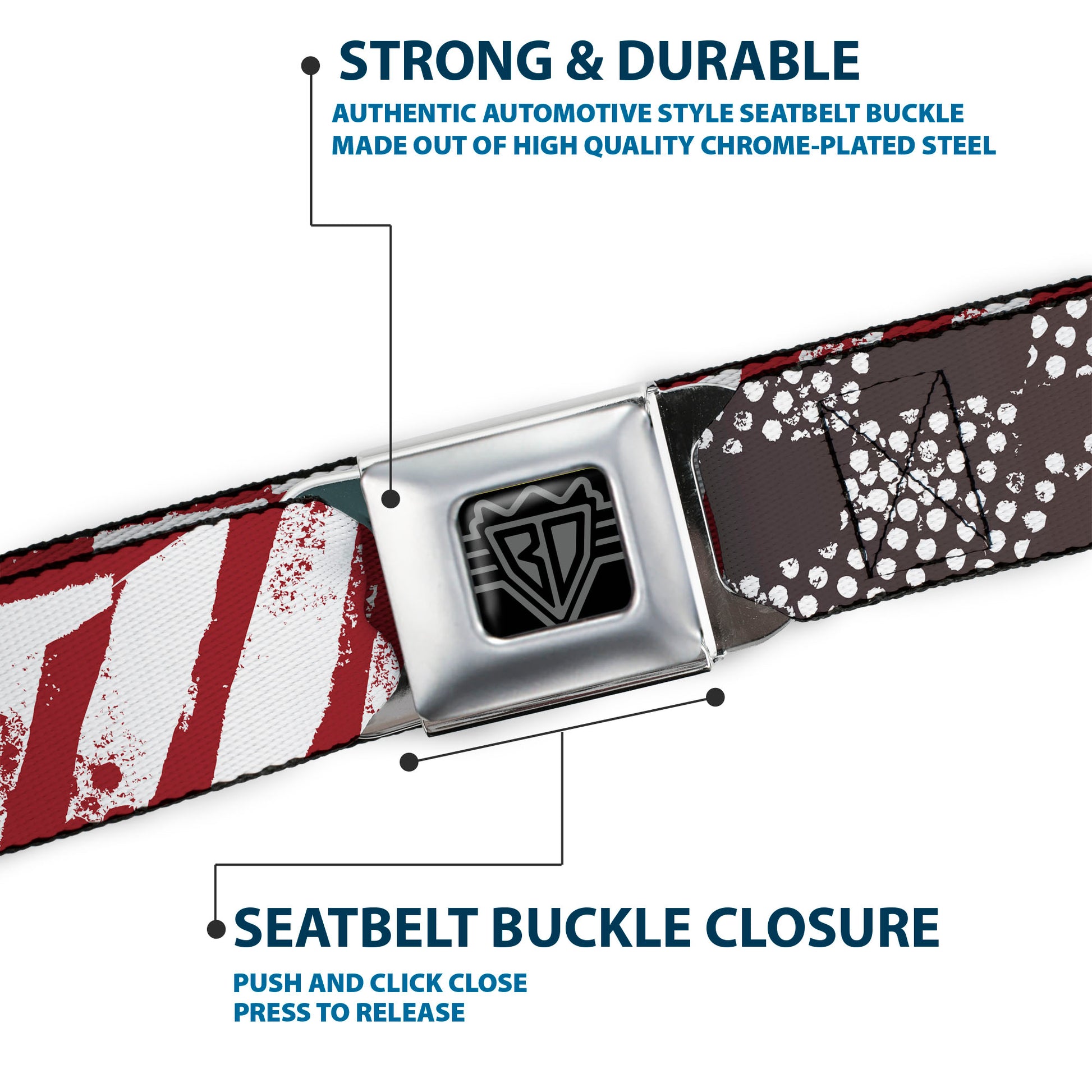 BD Wings Logo CLOSE-UP Full Color Black Silver Seatbelt Belt - Grunge Chaos3 White/Blue-Red Fade Webbing Seatbelt Belts Buckle-Down