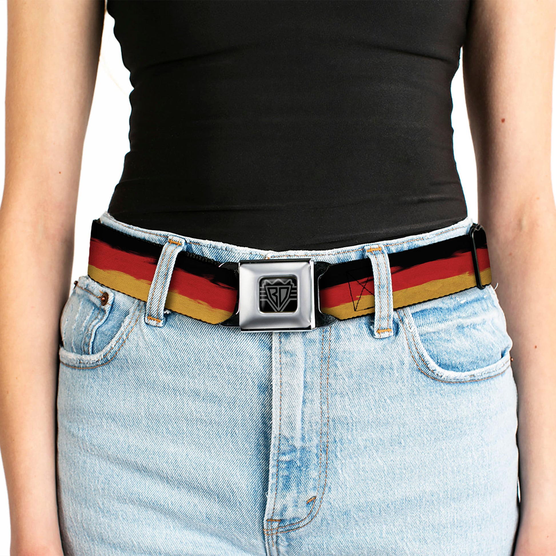 BD Wings Logo CLOSE-UP Full Color Black Silver Seatbelt Belt - German Flag Stripes Distressed Painting Webbing Seatbelt Belts Buckle-Down