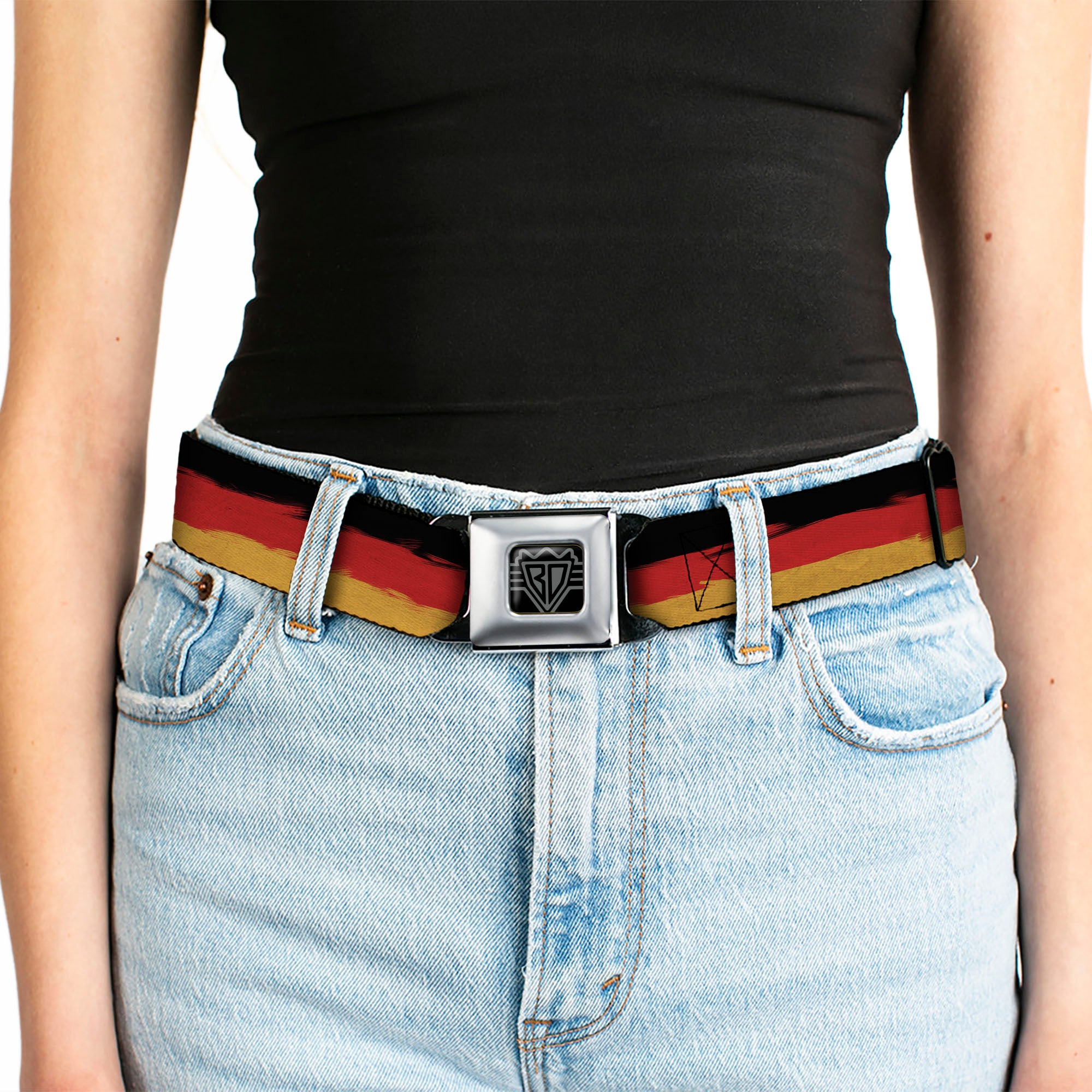 BD Wings Logo CLOSE-UP Full Color Black Silver Seatbelt Belt - German Flag Stripes Distressed Painting Webbing Seatbelt Belts Buckle-Down